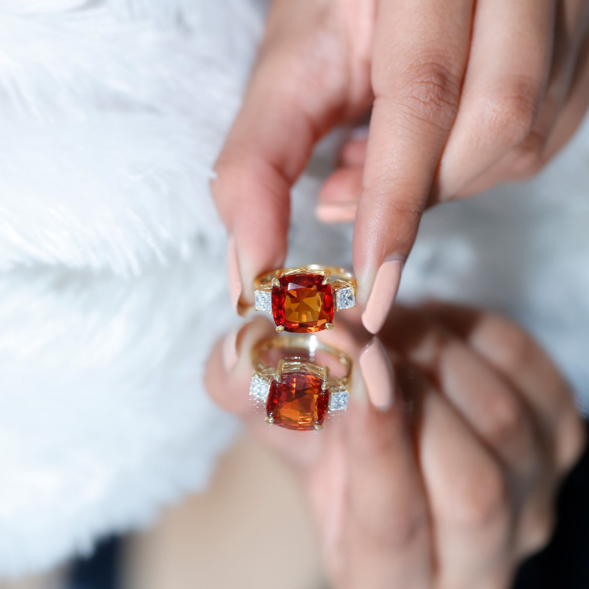 thumbnail video image 2 of Rosec Jewels Lab Grown Orange Sapphire Solitaire Ring with Moissanite - 10 mm Cushion Cut, 14K White Gold, US 8.00, 2 of 7