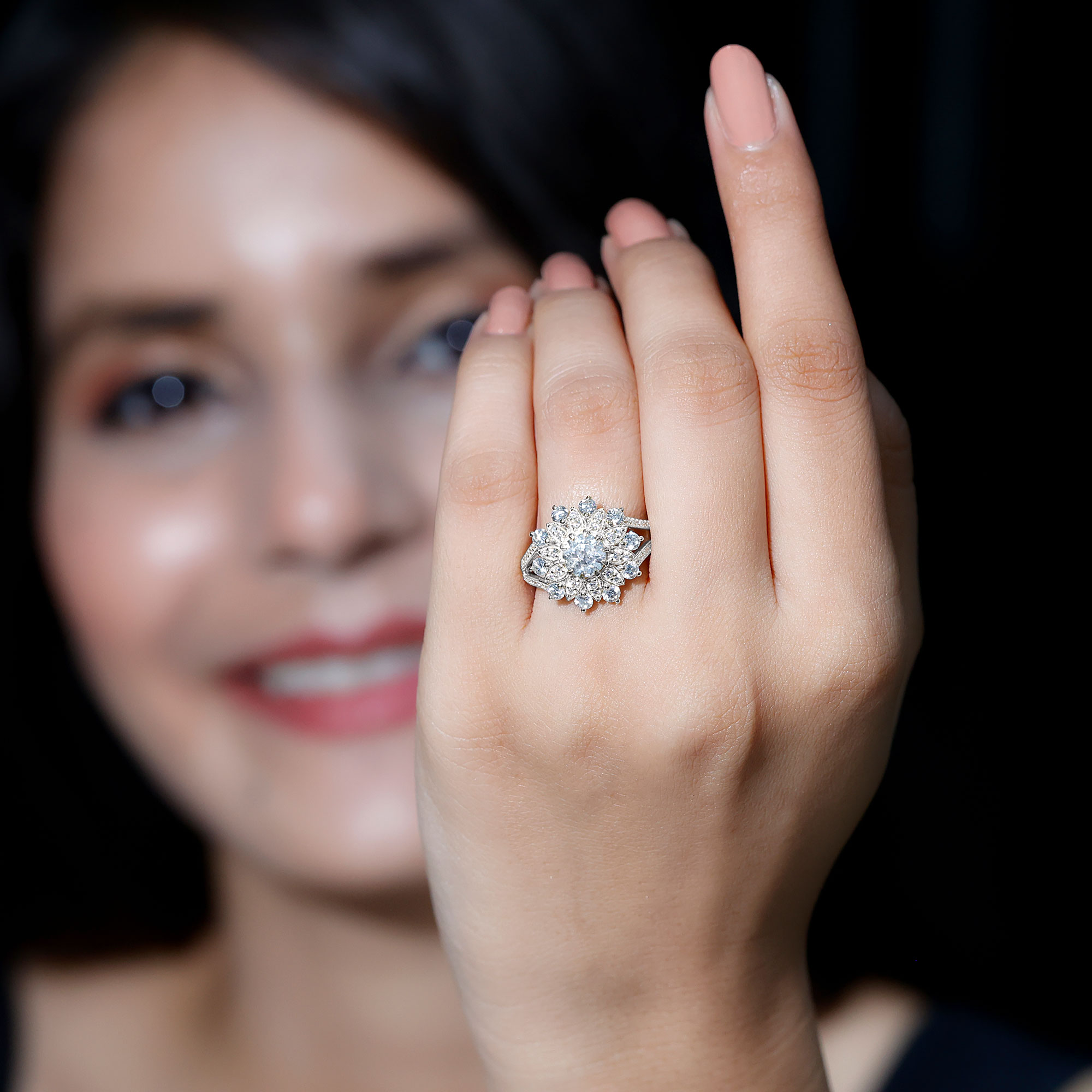 thumbnail video image 2 of Rosec Jewels - Lab Grown Diamond Flower Engagement Ring - Cocktail Ring - EF-VS Grade, 10K White Gold, US 3.50, 2 of 7