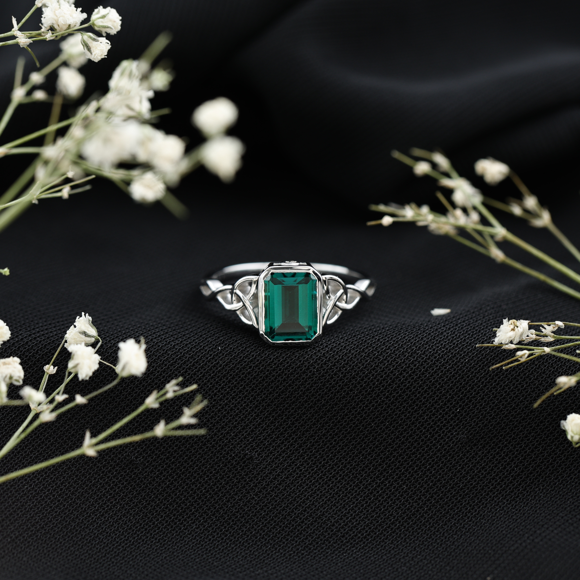 thumbnail video image 2 of Rosec Jewels Created Emerald Solitaire Ring with Diamond for Women - Celtic Knot Ring (6X8 mm), 925 Sterling Silver, US 4.00, 2 of 8