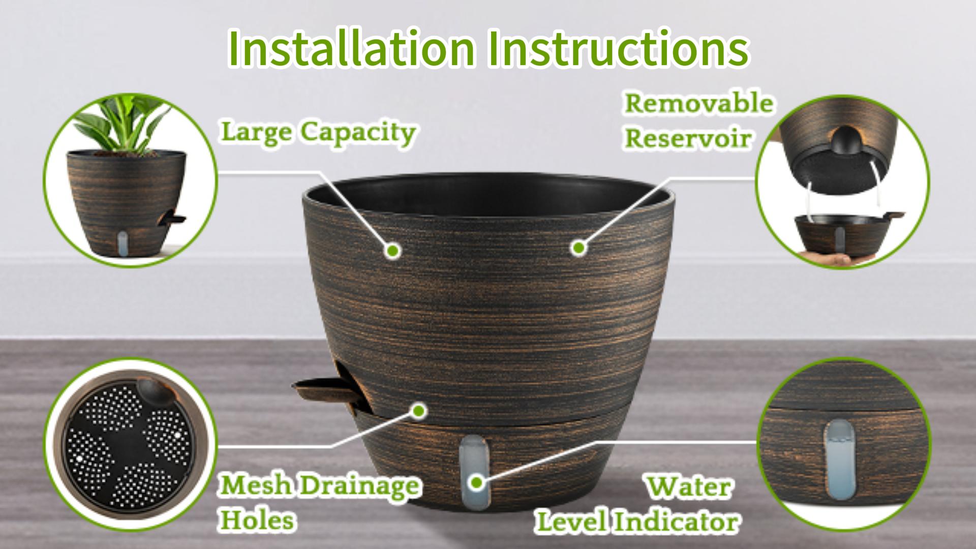 thumbnail video image 2 of FIASON 2 Pack 10 Inch Bronze Self-Watering Plastic Plant Pots, Indoor Outdoor Garden Planters with Drainage Holes, Watering Lip & Removable Saucer for House Plants & Flowers, 2 of 10