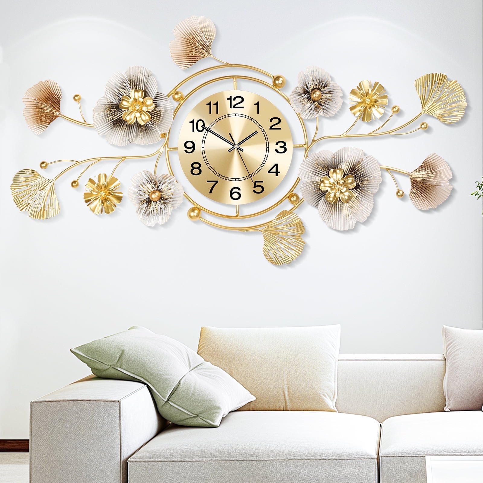 thumbnail video image 2 of Wall Clock,Large Wall Clock,Silent Wall Clocks Battery Operated, Metal Ginkgo Leaf Design, Can Be Suspended Vertically or Horizontally,for Living Room, Entryway, Office or Bedroom Decor(33''x14''), 2 of 7