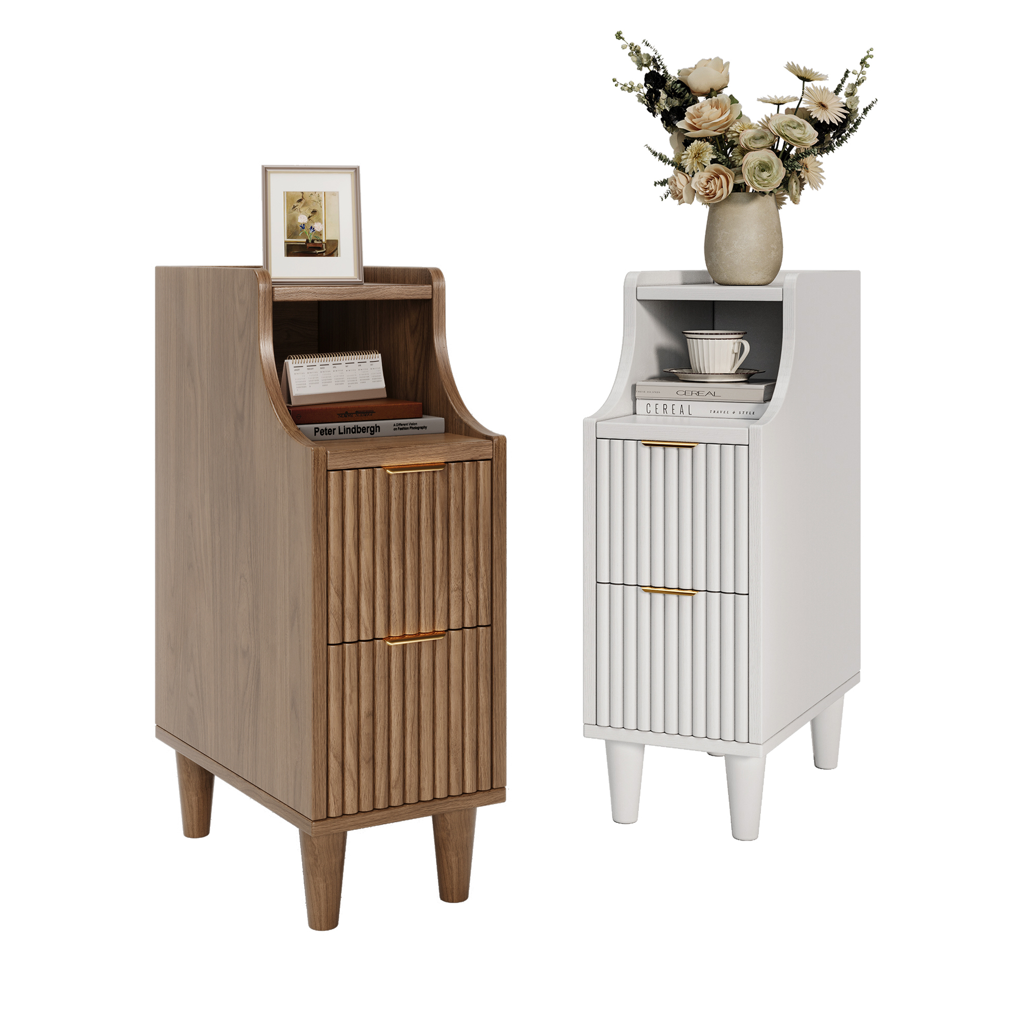 thumbnail video image 2 of TOKSOM 2PC Fluted Nightstands, Narrow Bedside Tables with 2 Drawers & Open Shelf, Farmhouse Modern End Table for Bedroom, Living Room, Office – Walnut & Gold Accent, 2 of 12