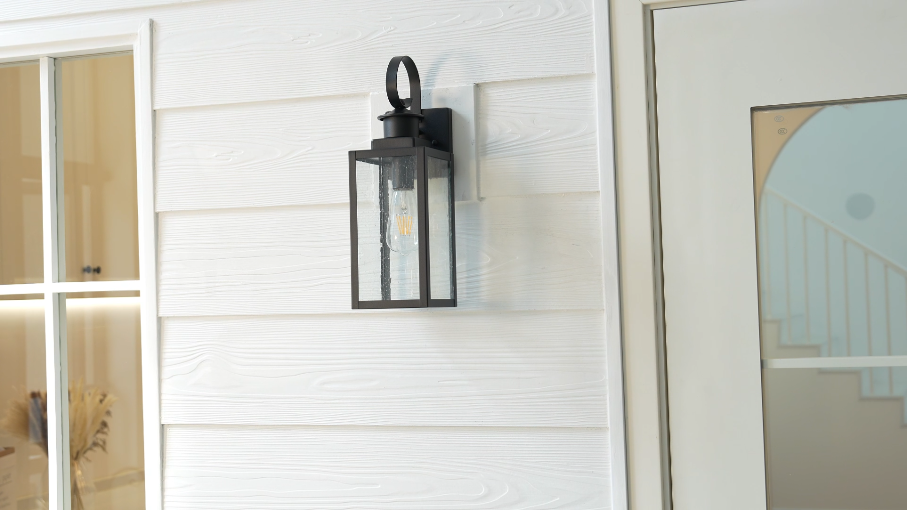 thumbnail video image 2 of C Cattleya 2-Pack 16.75in. Modern Matte Black Outdoor Wall Lantern Sconce with Seeded Glass, 2 of 8