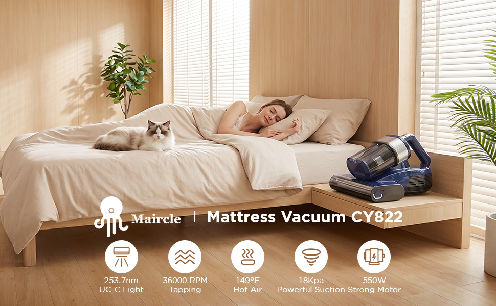 thumbnail video image 2 of Maircle Mattress Vacuum Cleaner, 18Kpa Bed Vacuum With UV Sanitizing, 149°F Heat, HEPA Filter & Ultrasonic, Handheld Vacuums With LED Display for Bed, Couch, 2 of 7