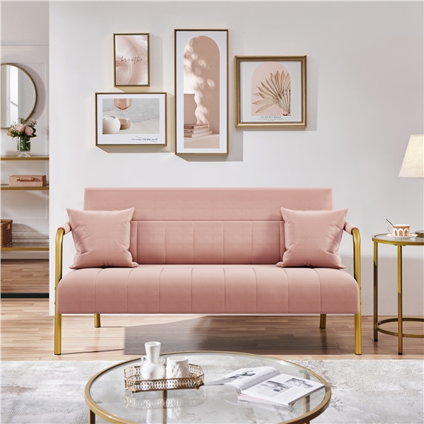 thumbnail video image 2 of Renwick 56.5'' W Modern Sofa Couch Small Sofa with 2 Pillows Upholstered Loveseat with Gold-tone Metal Arms and Legs for Living Room Bedroom and Home Office, Pink, 2 of 11