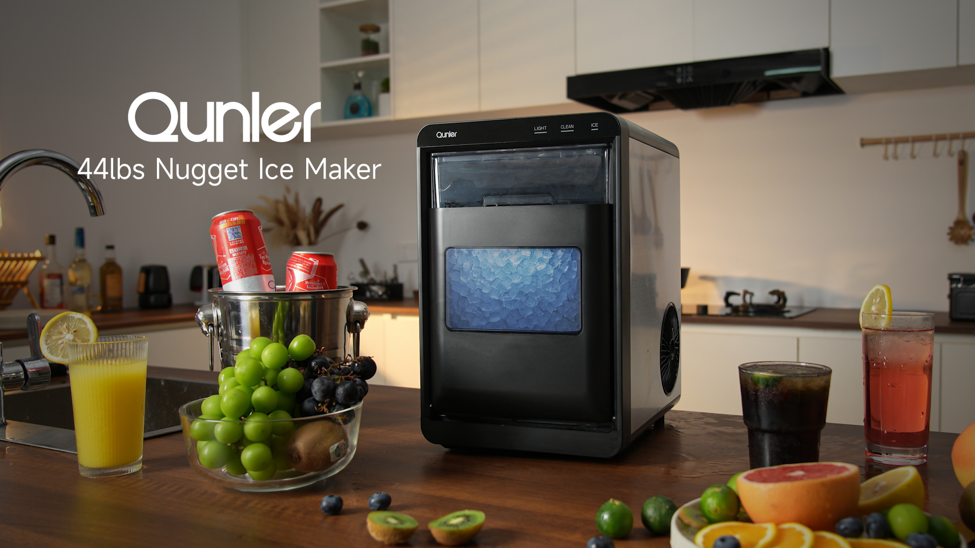 thumbnail video image 2 of Qunler Nugget Ice Maker Countertop, 44lbs per Day Chewable Pebble Nugget Ice Machine with Touch Screen for Home, Kitchen, Office, Stainless Steel, Black, 2 of 9