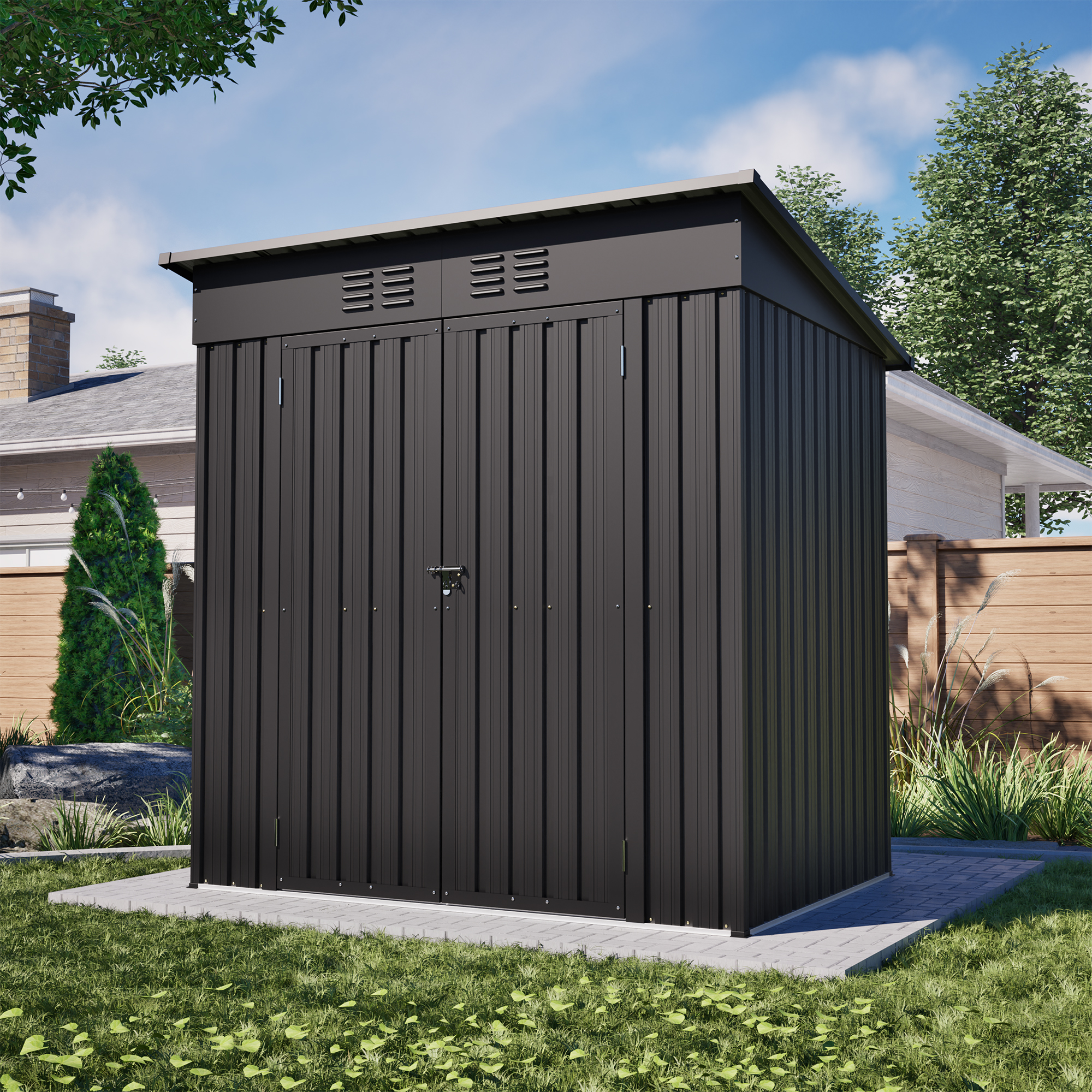 thumbnail video image 2 of 6 x 4 ft Outdoor Storage Shed with Floor Base, Lockable Door,  Tool Shed with Air Vent for House Backyard Patio Lawn, Black, 2 of 12