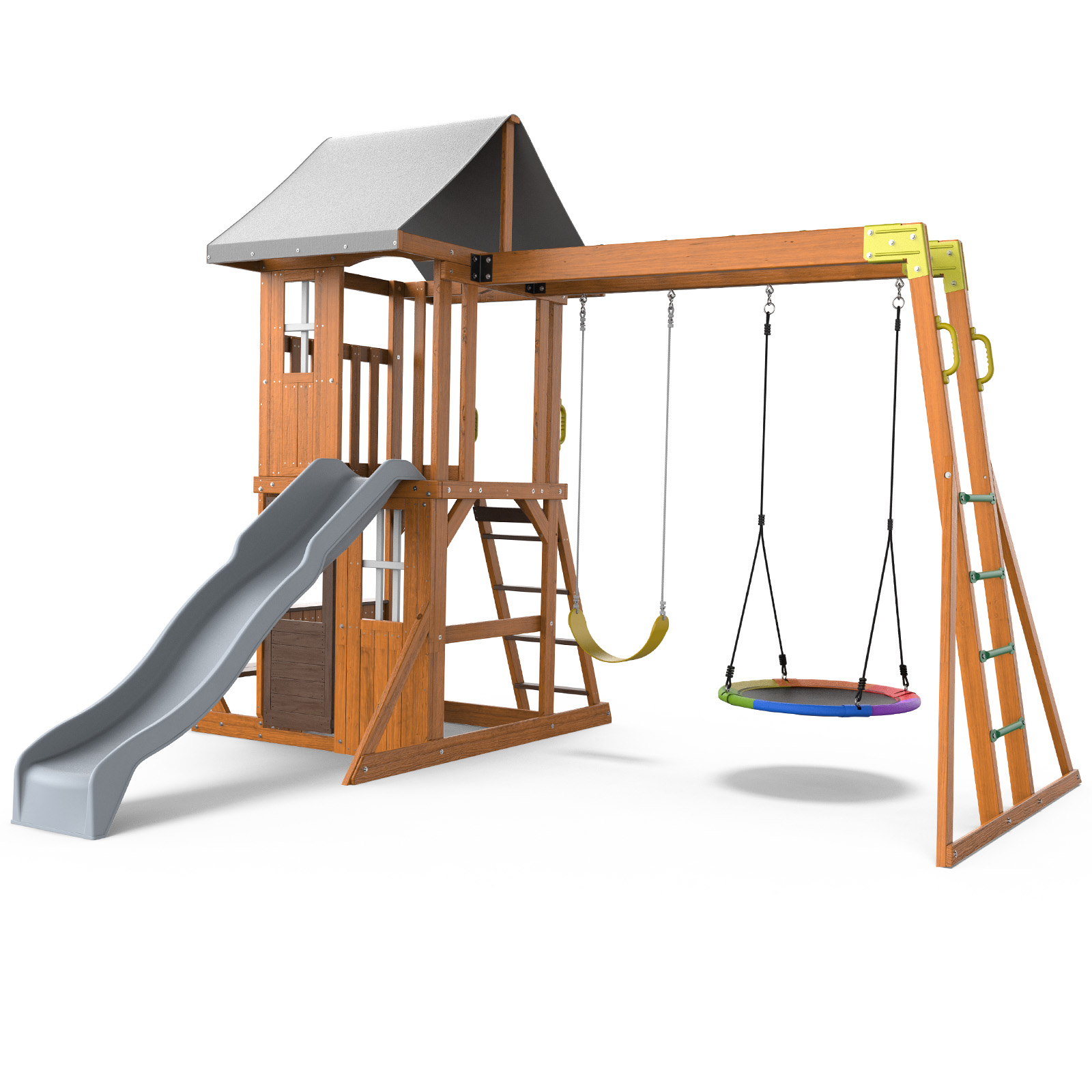 thumbnail video image 2 of KloKick Cedar Wooden Swing Set with 8' Wave Slide, Metal Monkey Bar, Clubhouse, Playhouse, and Snack Bar Window, 2 of 10
