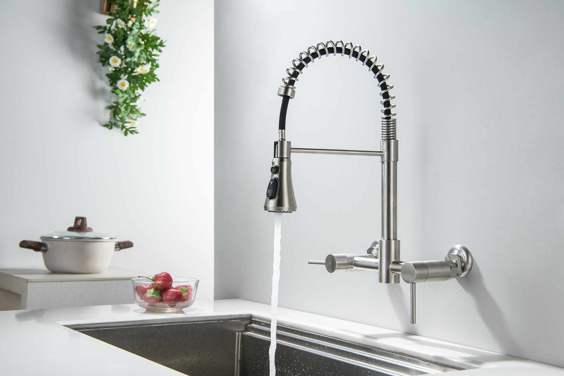 thumbnail video image 2 of Wall Mount Kitchen Faucet, 8 Inch Center Wall Mount Kitchen Sink Faucet with Pull Down Sprayer Commercial, Brushed Gold, 2 of 7