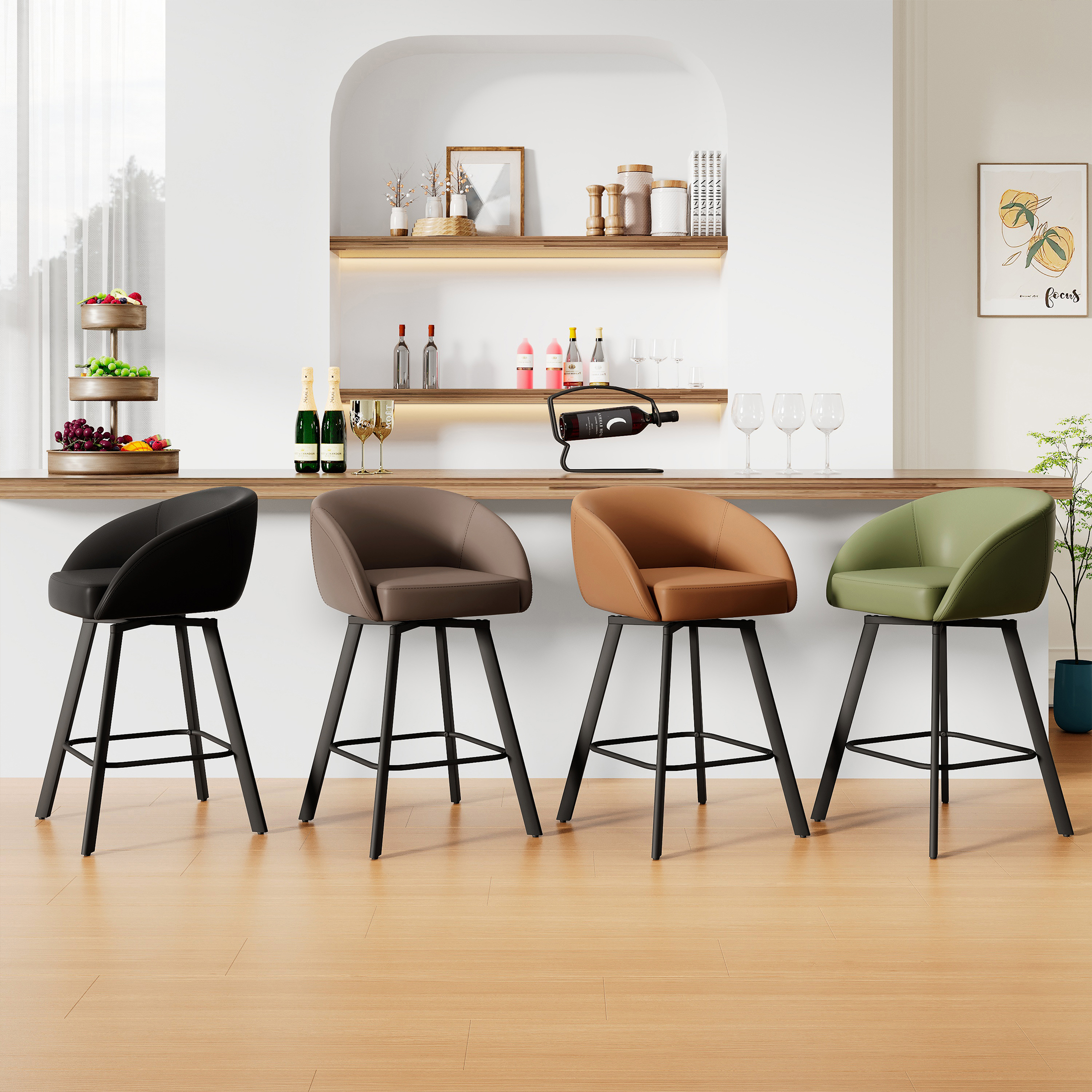 thumbnail video image 2 of FIRAVOE Bar Stools Set of 2, Swivel Counter Height Bar Stools with Back & Arms (26") Modern Faux Leather Bar Chairs for Kitchen Island, Green, 2 of 9