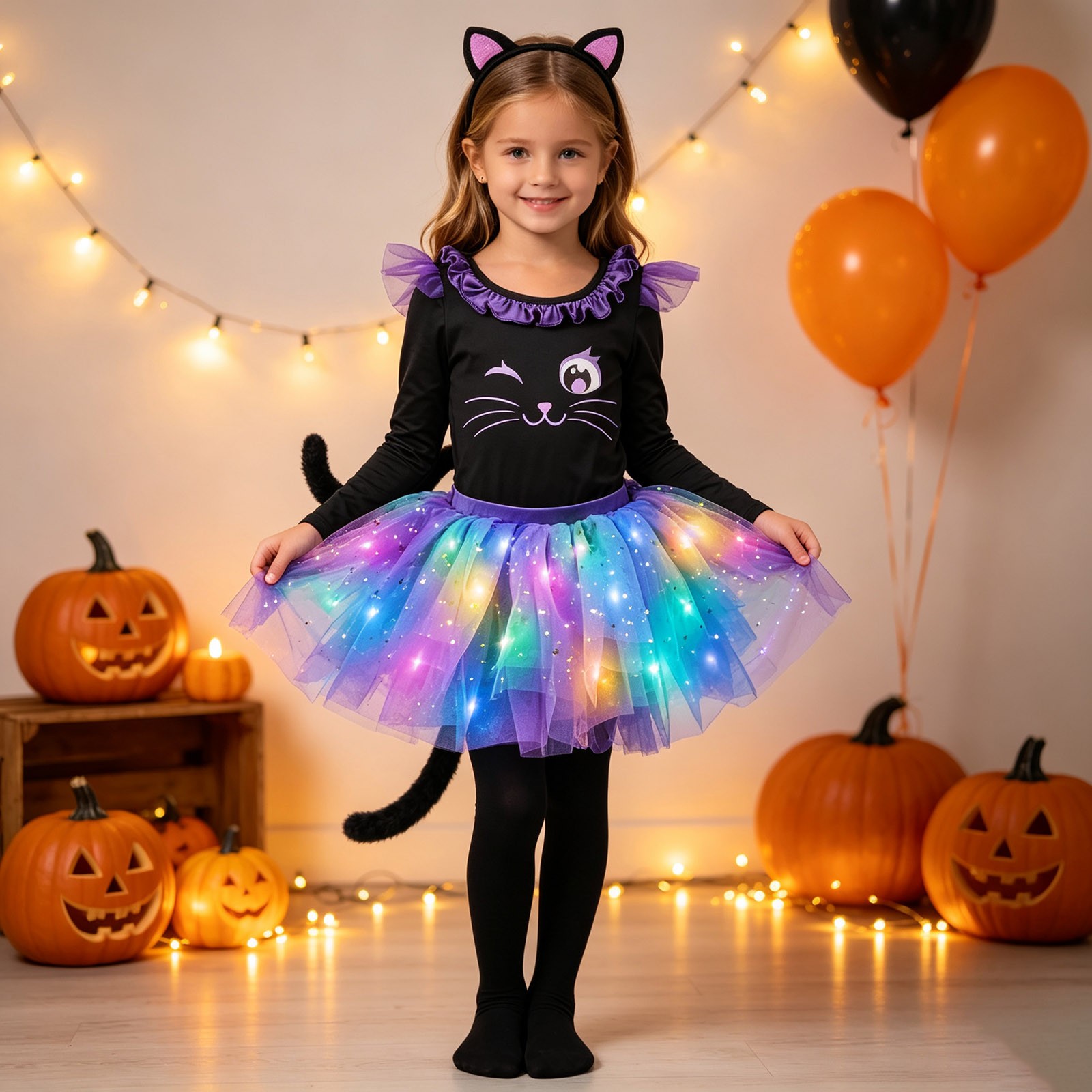 thumbnail video image 2 of Yuncity Girls Halloween Outfit Set Black Cat Print Top Tutu Skirt Tights Headband Tail Fairy Lights Lovely Soft Performance Set Size 7-9 Years Black, 2 of 6