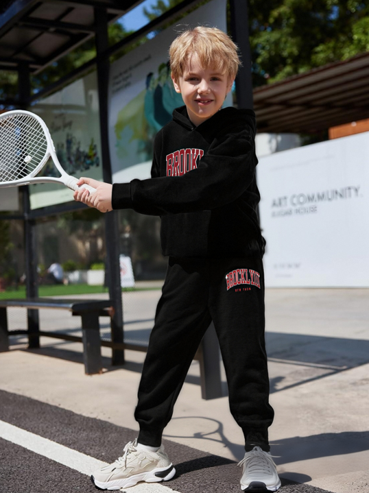 thumbnail video image 2 of Boy Tracksuit Size 8-10 Long Sleeve Letter Print Brooklyn 2 Pieces Sweatsuit Clothing Sets for Kids,Grey,7-8 Years, 2 of 7
