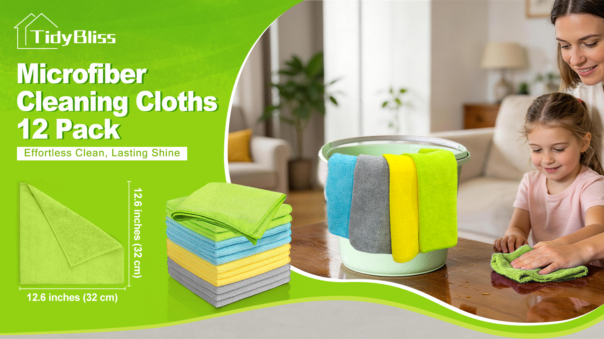 thumbnail video image 2 of TidyBliss Microfiber Cleaning Cloth 12 Pack (Green/Blue/Yellow/Grey), 2 of 9