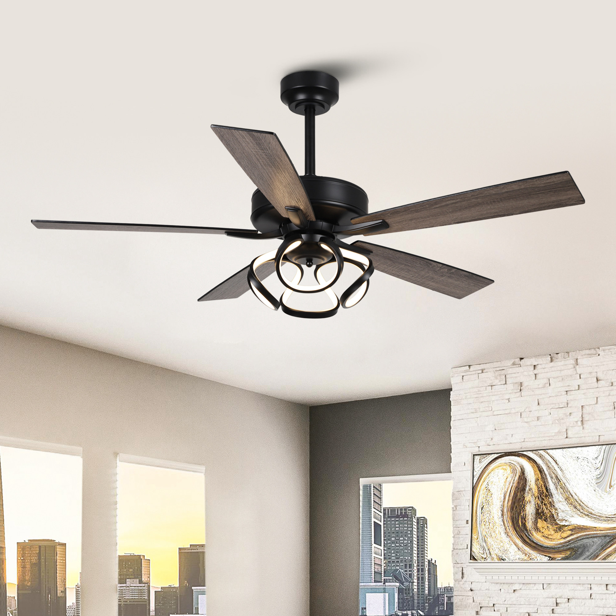 thumbnail video image 2 of Parrot Uncle 52" Modern Black 5-Blade Ceiling Fan with Remote and Lights, Down Rod Ceiling Fan, LED Ceiling Fan, 2 of 12
