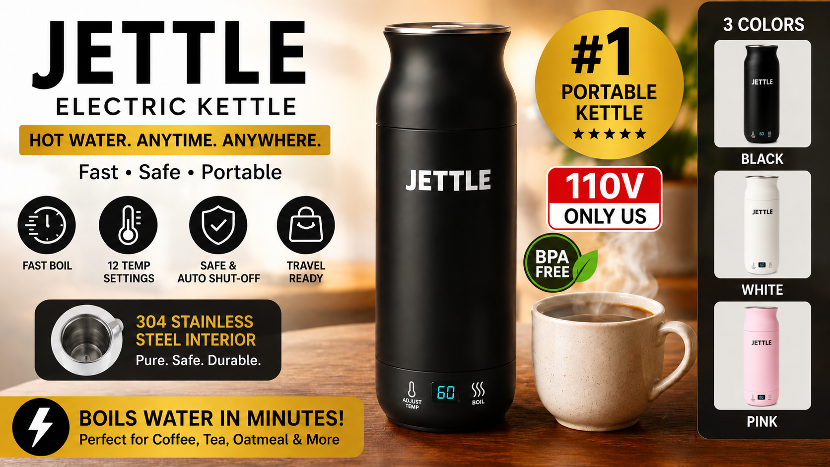 thumbnail video image 2 of Jettle Travel Electric Kettle - 450ml Bottle-Style Top-Fill No-Spout Water Boiler for Tea & Coffee - Temperature Control, LED Display, Auto Shut-Off - Stainless Steel, 110V, 2 of 12