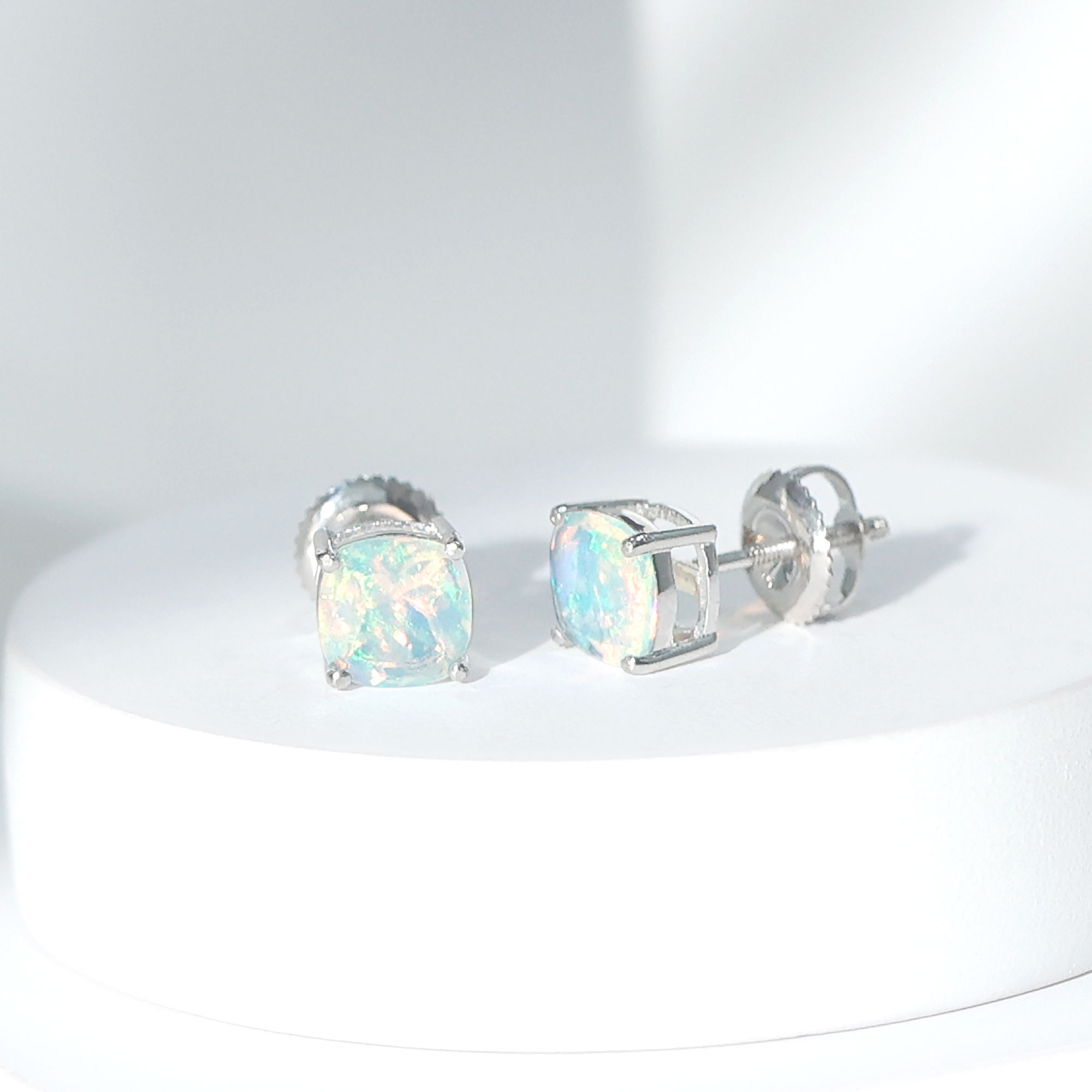 thumbnail video image 2 of Rosec Jewels Cushion Cut Ethiopian Opal Solitaire Stud Earrings for Women (6 mm, AAA Quality), 10K Yellow Gold, 2 of 8