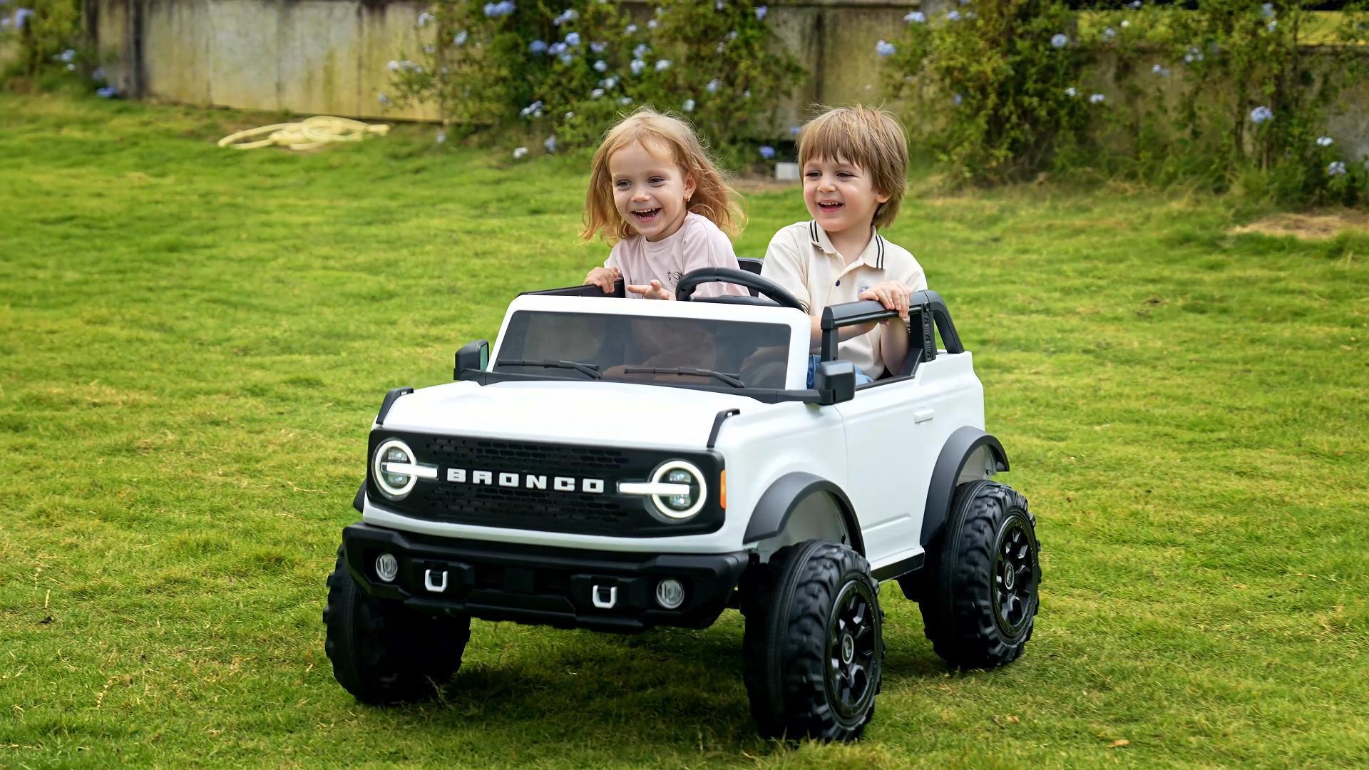 thumbnail video image 2 of Licensed Ford Bronco 24V 2 Seater Truck Battery Powered Ride on with Remote Control & Bluetooth, Electric Car for Kids Toddler, White, 2 of 9