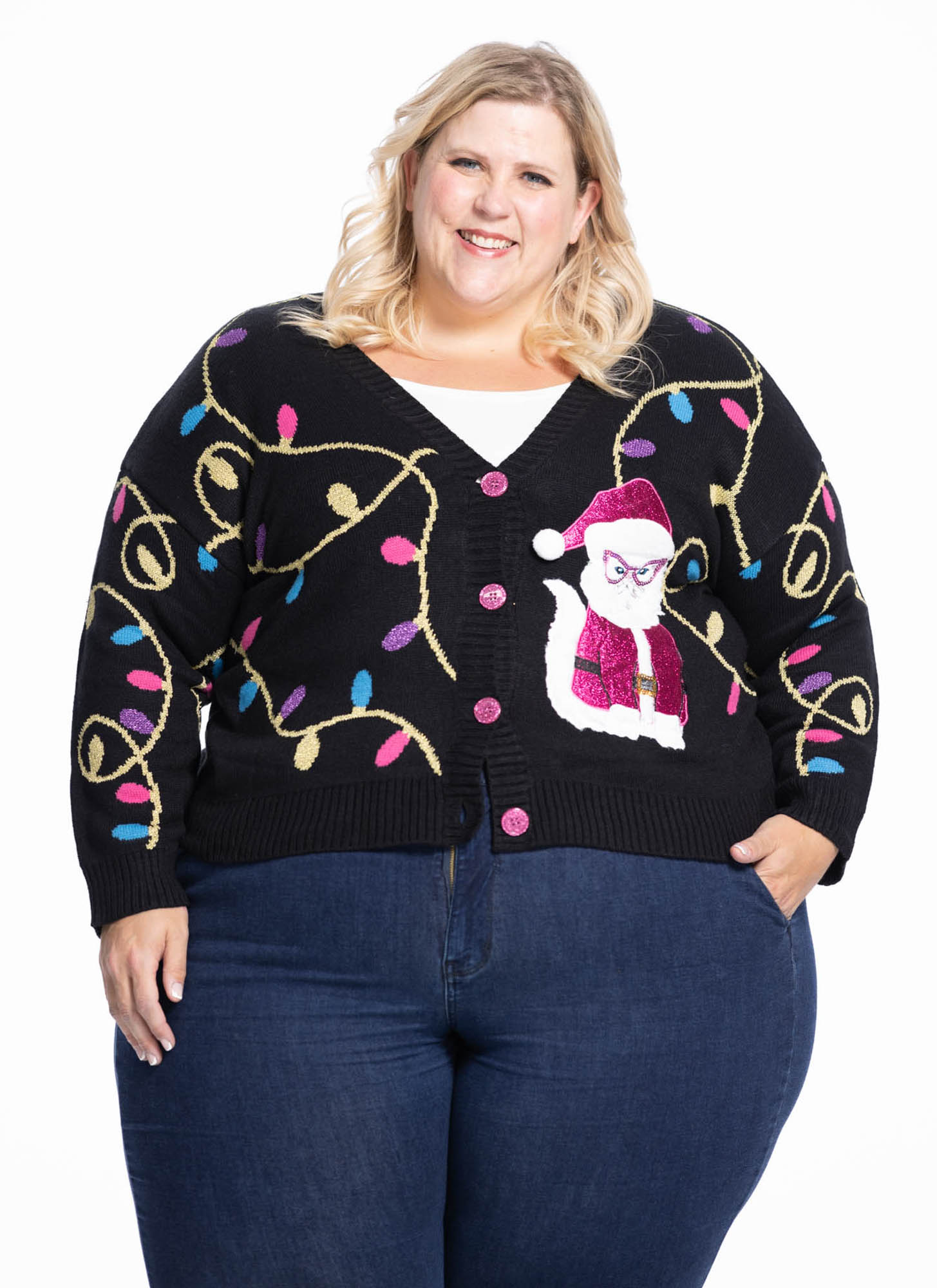 thumbnail video image 2 of Jollidays x Glitter and Lazers Women's Meowy Catmas Cardigan, Sizes S-5X, 2 of 9