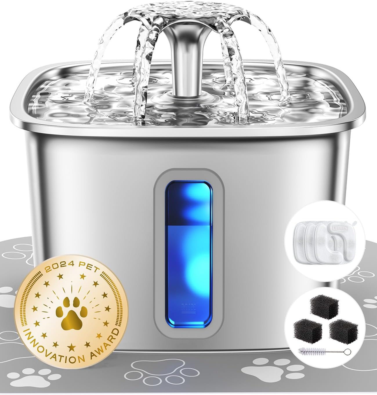 thumbnail video image 2 of Veken Innovation Award Winner Stainless Steel Cat Water Fountain, 95oz/2.8L Automatic Pet Fountain Dog Water Dispenser with Replacement Filters & Silicone Mat for Cats, Dogs, Multiple Pets (Silver), 2 of 8
