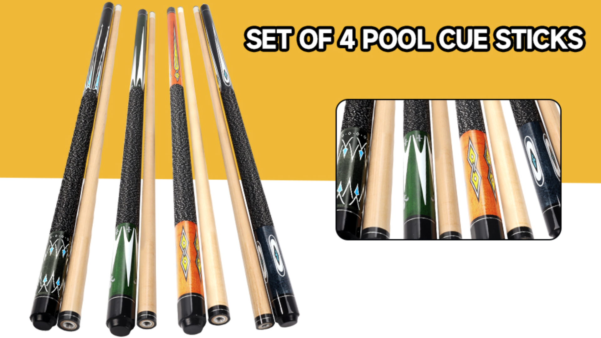 thumbnail video image 2 of GSE Set of 4 Hardwood Billiard Pool Cue Sticks. 58" 2-Piece Maple Pool Stick 18/19/20/21oz Combo Set for Commercial, Bar/House Use, 2 of 8