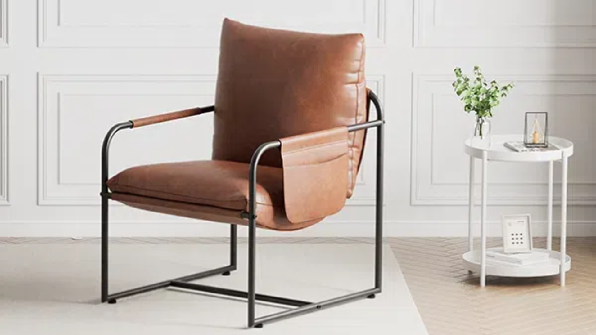 thumbnail video image 2 of Hommpa Accent Chair Morden Arm Chair Metal Frame with Removable Storage Bag,Sling Accent Chair PU Leather for Living Room Bedrooms Home Theater,Brown, 2 of 12