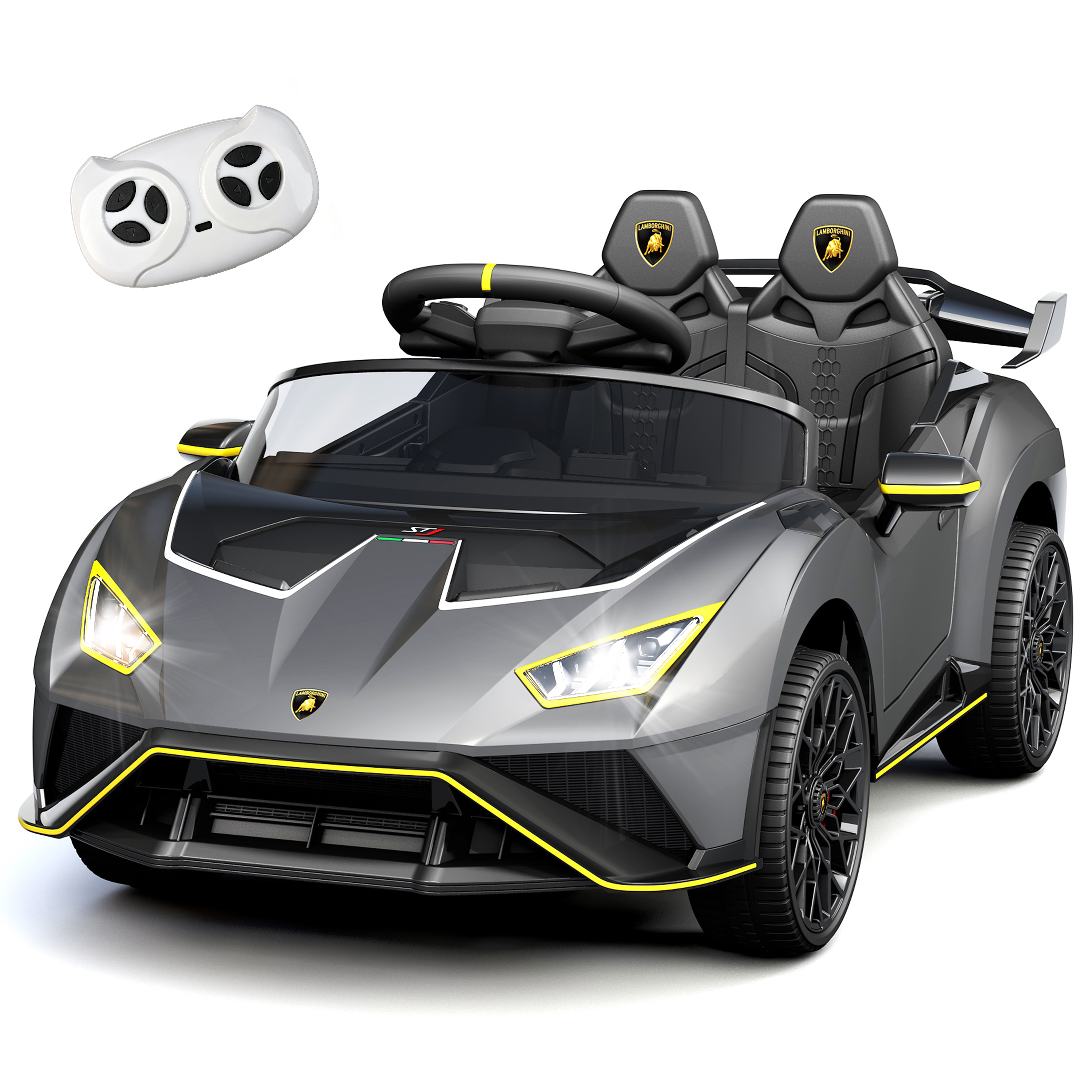 thumbnail video image 2 of Lamborghini 12V Ride on Car for Kids, Powered Ride on Toys with Remote Control, Music, Bluetooth, LED Lights, Rear Wheel Suspension Electric Car for 1-3 Years Ages Olds, Grey, 2 of 10