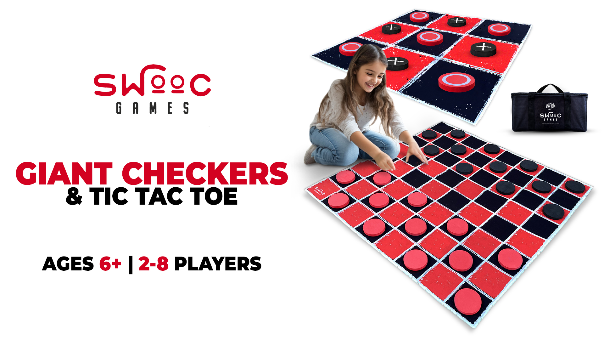 thumbnail video image 2 of Swooc Games® - 2-in-1 Giant Vintage Checkers & Tic Tac Toe Game W/ Mat (3ft x 3ft) - 100% Machine-Washable Canvas - Giant Outdoor Games & Activities - Giant Games - Giant Board Game - Oversized Game, 2 of 7