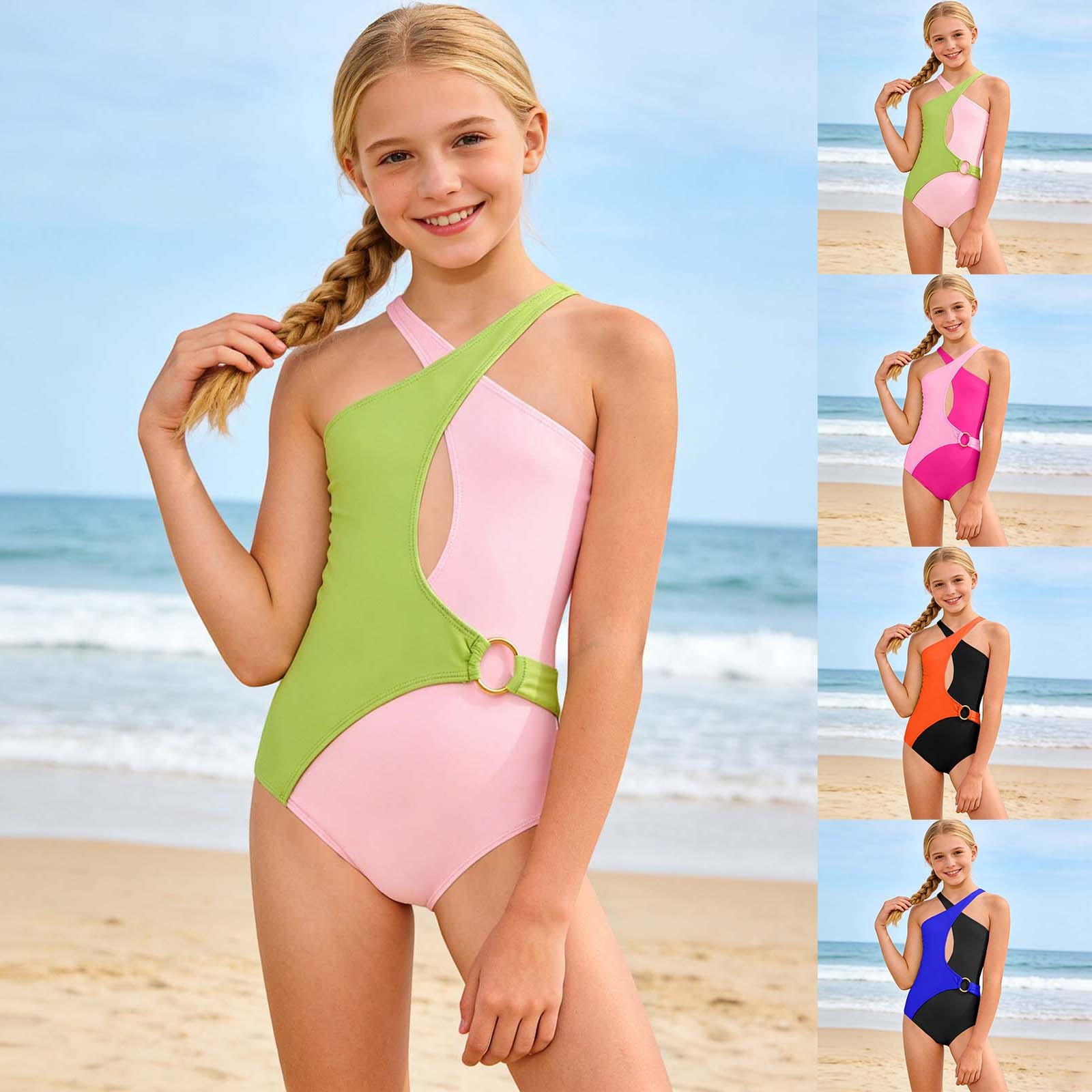 thumbnail video image 2 of SGMVNU Girl 1 Piece Swimsuit Cut Out Bathing Suit Girl Swim Top Size 5 Shoulder Straps Swimming Suit Summer Beach Swimwear(Size 8-9 Years,D1-Orange), 2 of 5