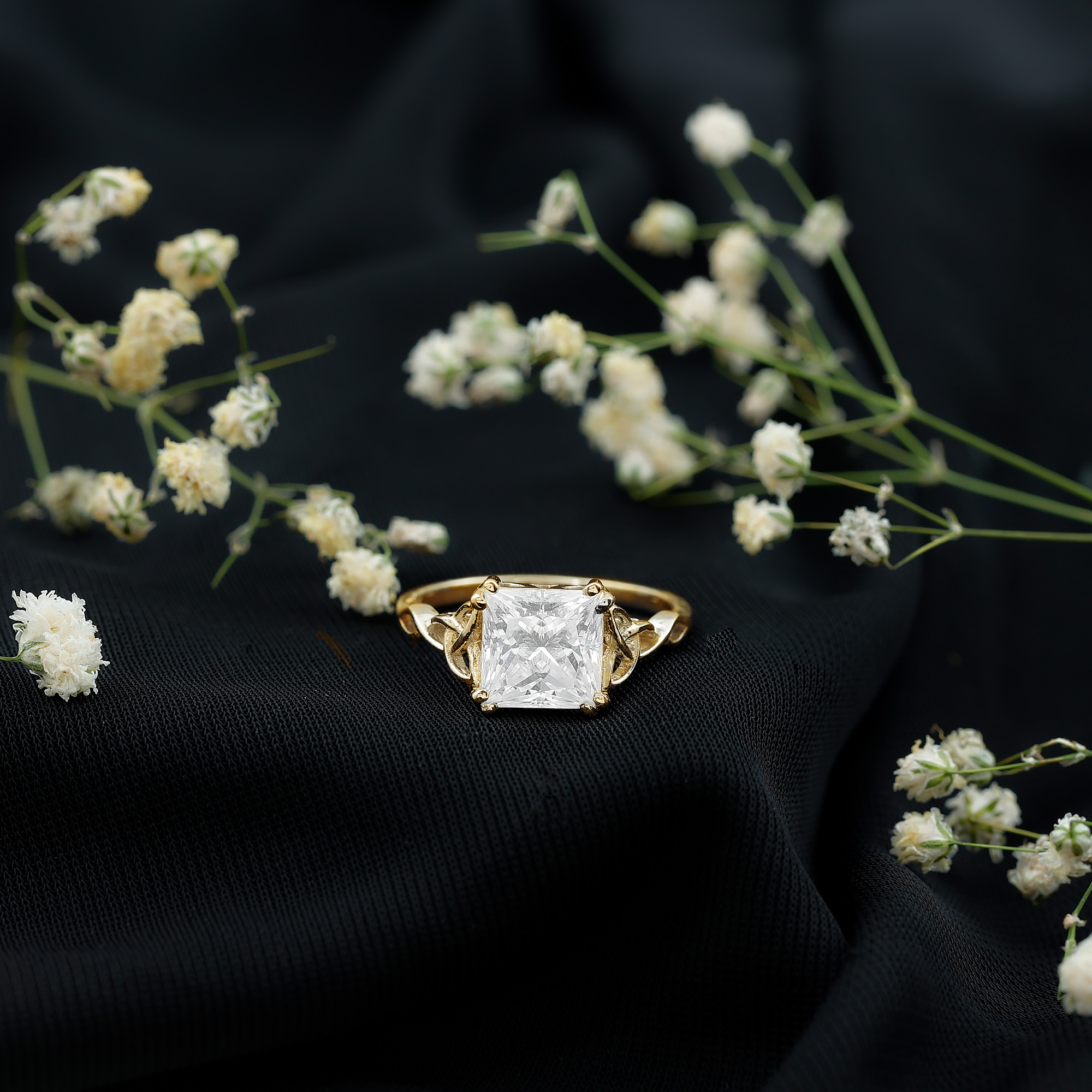 thumbnail video image 2 of Princess Cut Moissanite Solitaire Celtic Knot Engagement Ring - 3 Carat - 8 mm, 18K Yellow Gold, US 6.00, 2 of 9