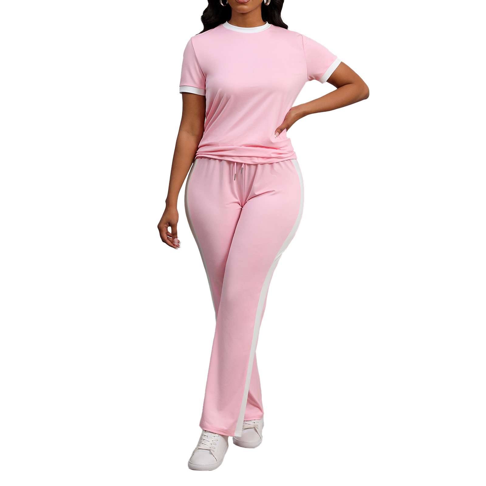 thumbnail video image 2 of Women's 2 Piece Outfits Short Sleeve Tops Sweatpants Colorblock Bodycon Lounge Sets Tracksuit Blue XL, 2 of 7