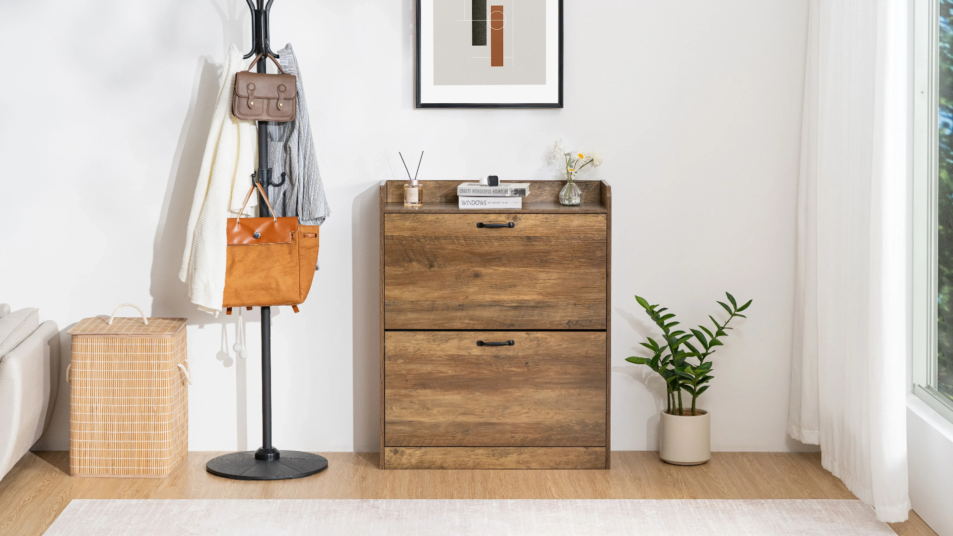 thumbnail video image 2 of HOMMPA Shoe Cabinet with 2 Flip Drawers, Farmhouse Wood Shoe Storage Cabinet,5-Tier Customizable Storage Freestanding Narrow Shoe Rack Organizer with Metal Legs for Entryway, Hallway, Brown, 2 of 13