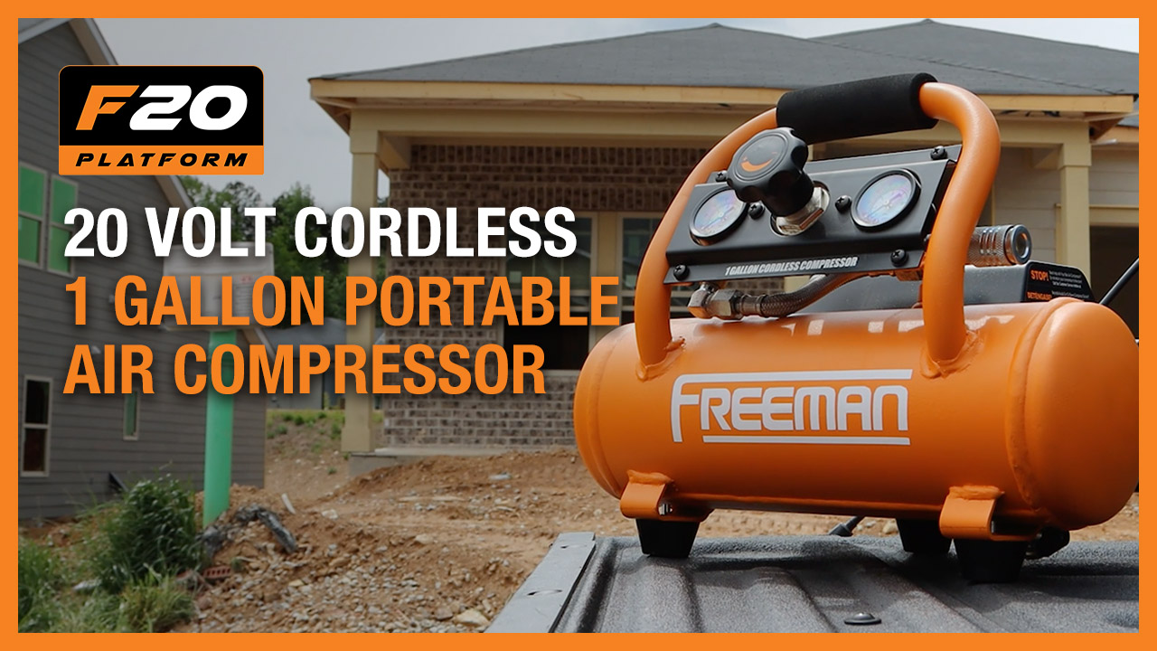 thumbnail video image 2 of Freeman PE20V1GCK 20 Volt Cordless 1 Gallon 1/3 HP Portable Air Compressor Kit with Lithium-Ion Battery and Charger – 700 Shots per Charge, 2 of 15