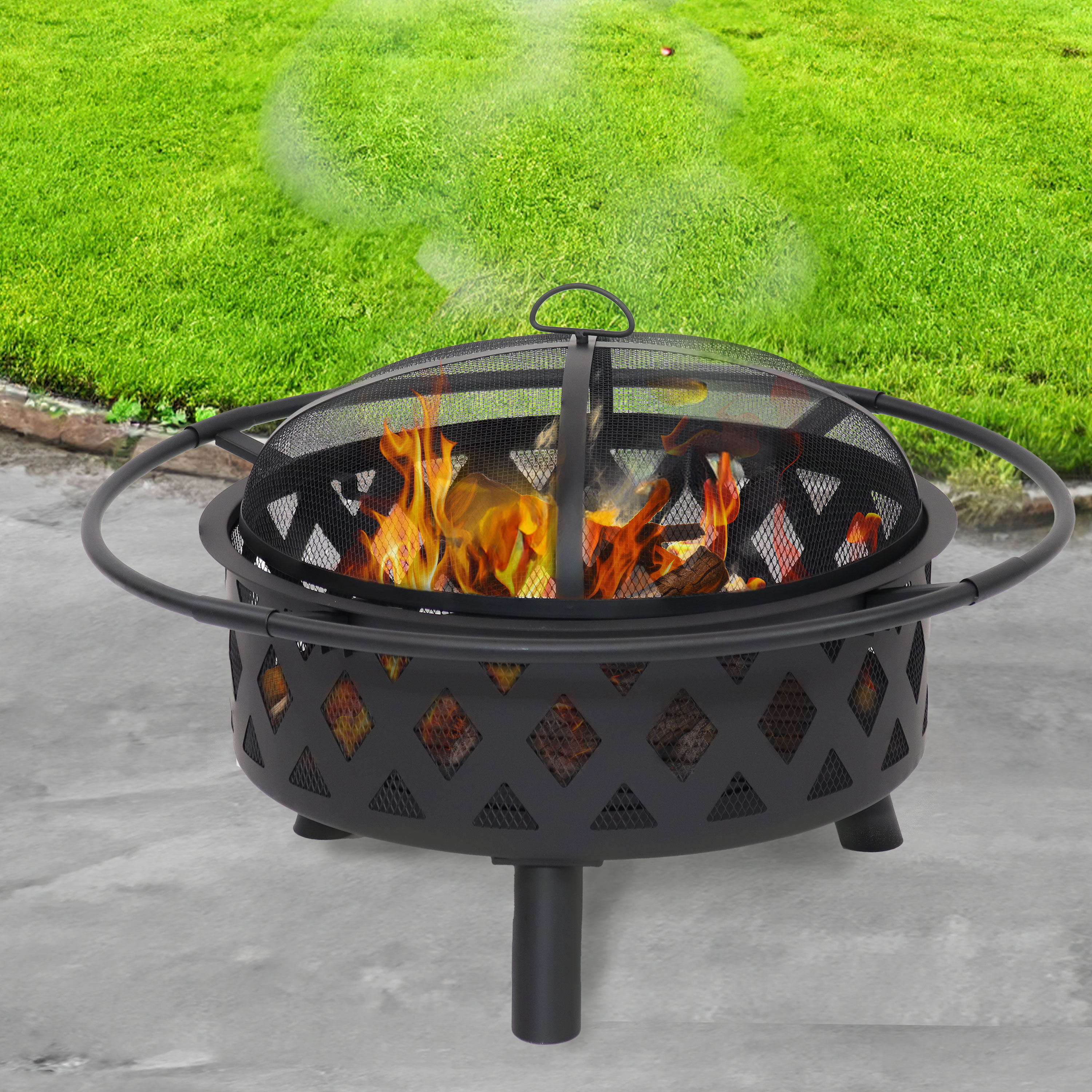 thumbnail video image 2 of Sunnydaze Crossweave 30" Round Wood-Burning Black Finish Steel Outdoor Fire Pit with Screen, 2 of 19