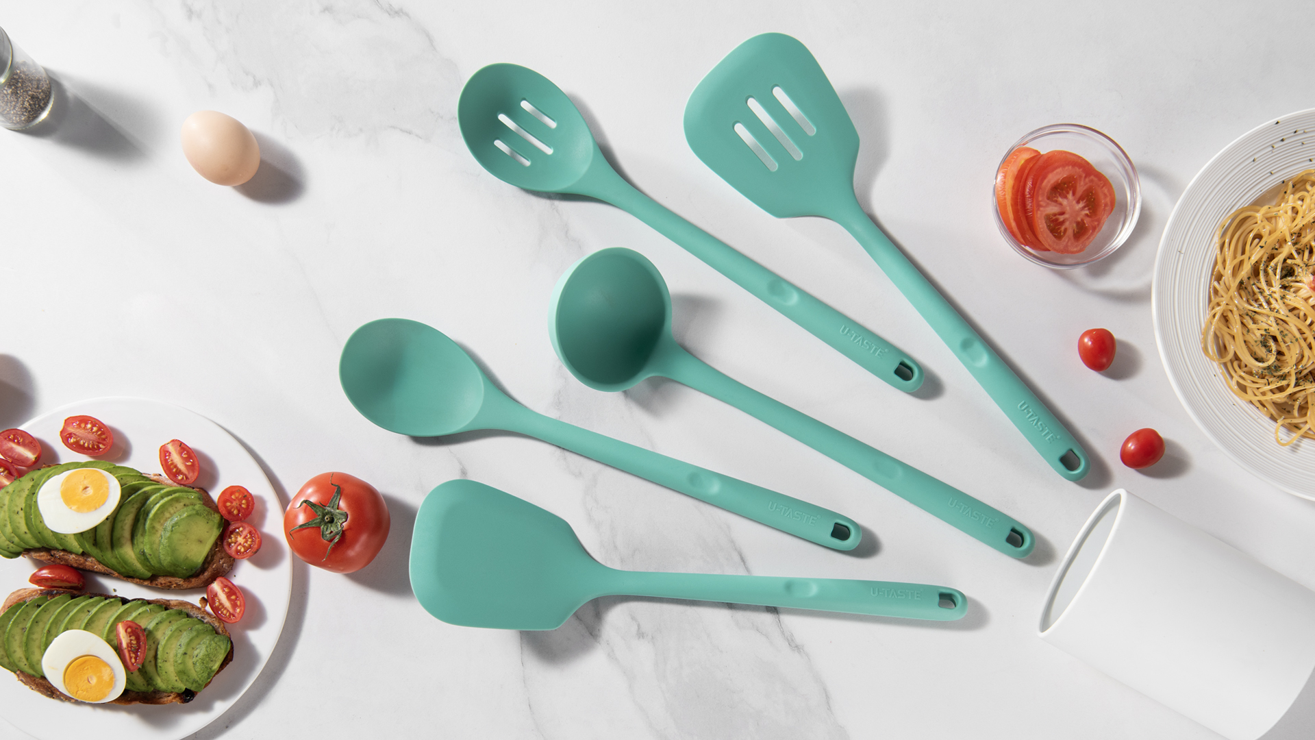 thumbnail video image 2 of Silicone Kitchen Cooking Utensil Set: U-Taste 446°F Heat Resistant 13.6in Long Kitchen Gadget, BPA Free Non Stick Rubber Cook Accessories For Stir Fry, Serving, Basting, Mixing (5 Pieces, Aqua Sky), 2 of 10
