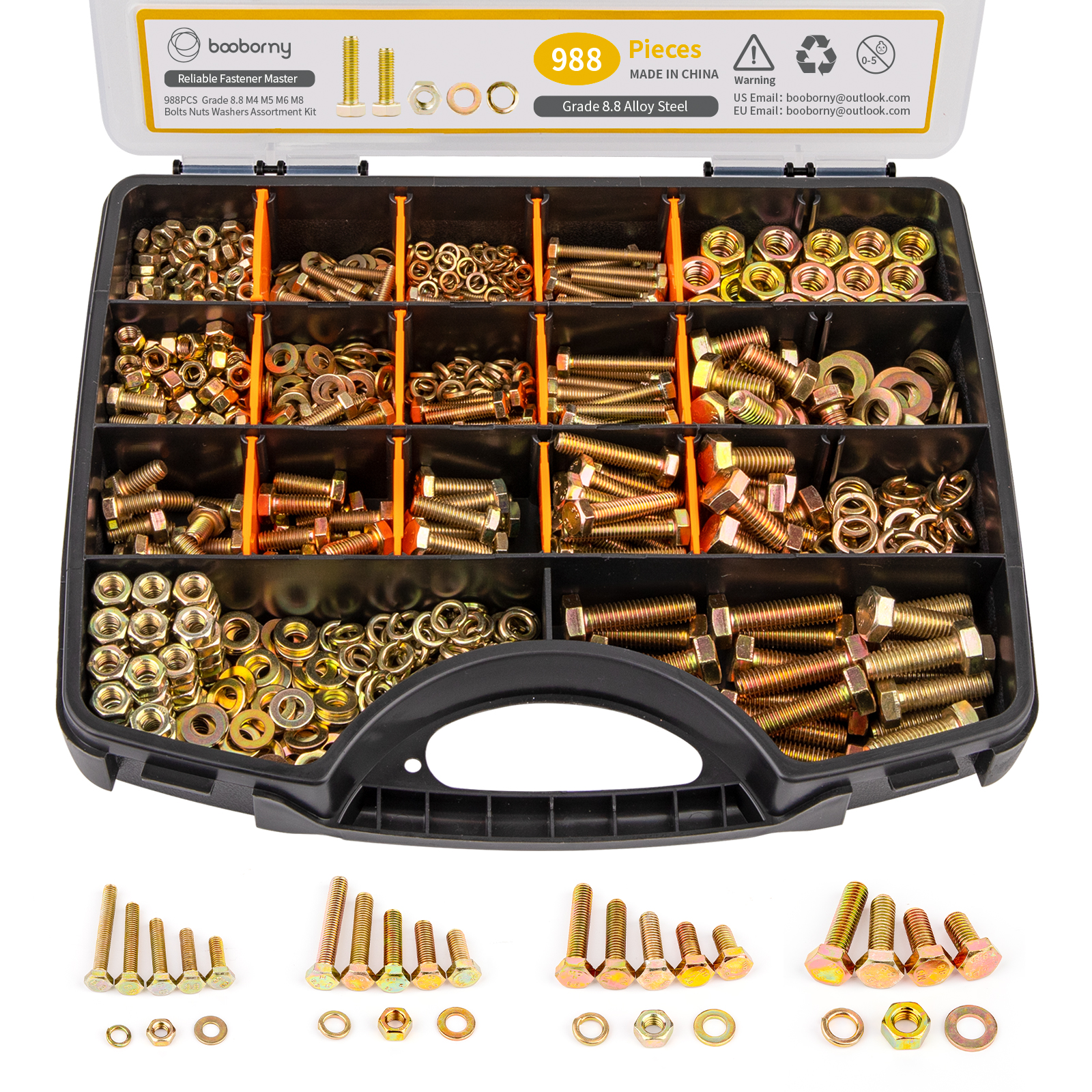thumbnail video image 2 of Booborny 988 pcs Grade 8.8 Metric Bolt Assortment, M4 M5 M6 M8 Heavy Duty Bolts and Nuts Kit, Alloy Steel Hex Head Nuts, Yellow Zinc Plated, 2 of 9