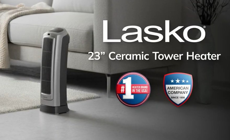 thumbnail video image 3 of Lasko 22" 1500W Oscillating 2- Speed Ceramic Tower Space Heater with Remote, Gray, 5538, 3 of 13