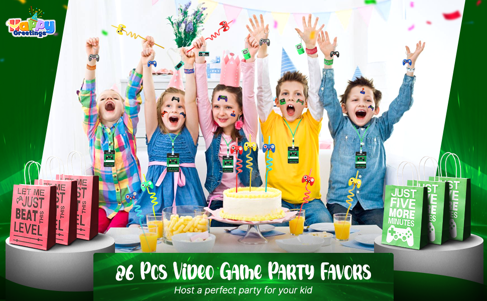 thumbnail video image 2 of Happy Greetings 86 Pcs Video Game Party Favors for Kids, Gaming Party Favors - 12 set of Game ON Pass Keychain Wristband Treat Bags Straws, Level UP Themed Gamer Boys Birthday Goodie Bag Fillers, 2 of 7
