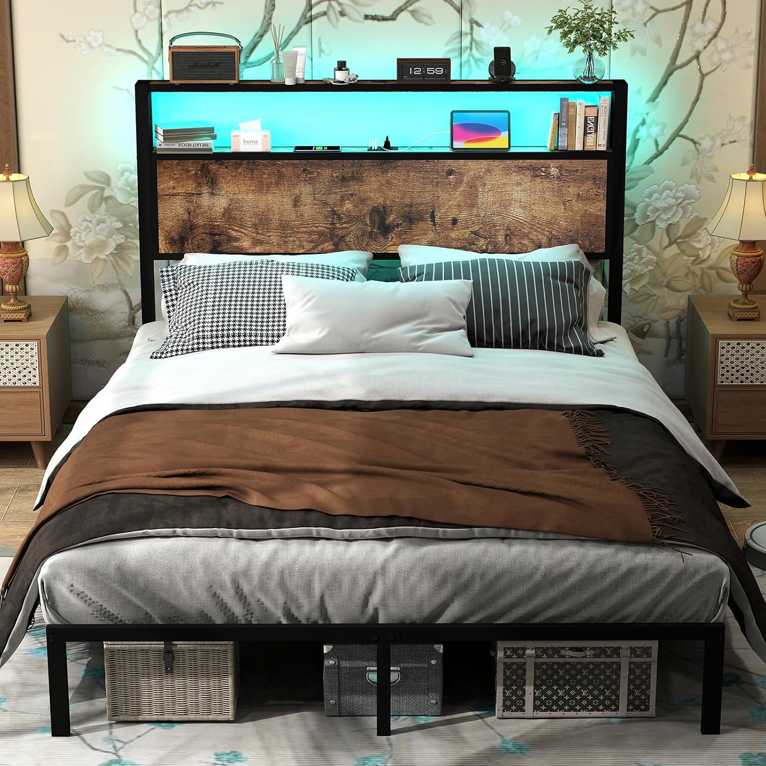 thumbnail video image 2 of DRNANLIT King Size Bed Frame with Headboard, LED Lights, Charging Station & Under Bed Storage, Vintage Brown, 2 of 9