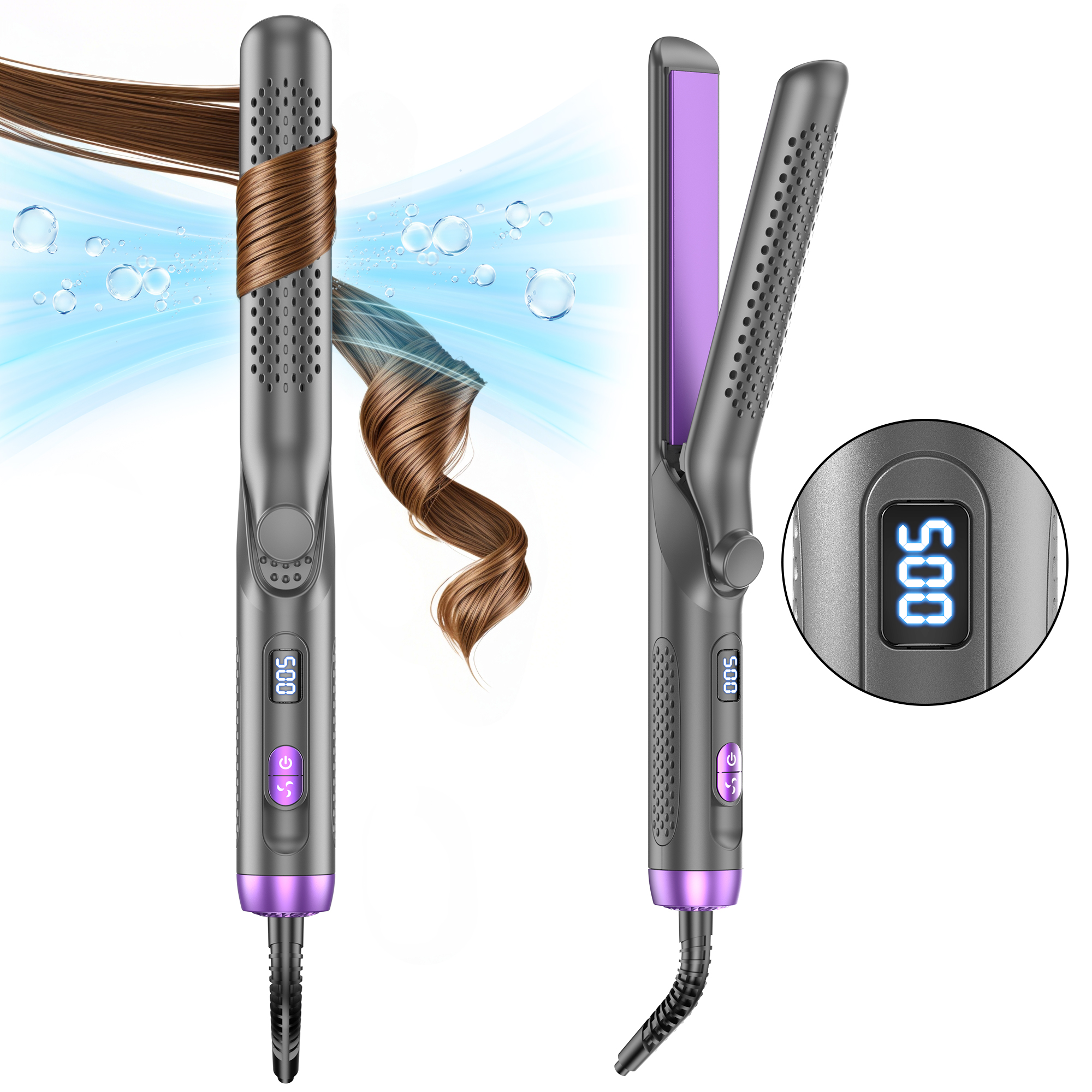 thumbnail video image 3 of NEXPURE Airflow Styler Curling Iron, Flat Iron Hair Straightener and Curler 2 in 1, Ionic Curling Wand with 360°Cool Air Lock in Styling,5 Temps & Anti-Scald, Purple, 3 of 11