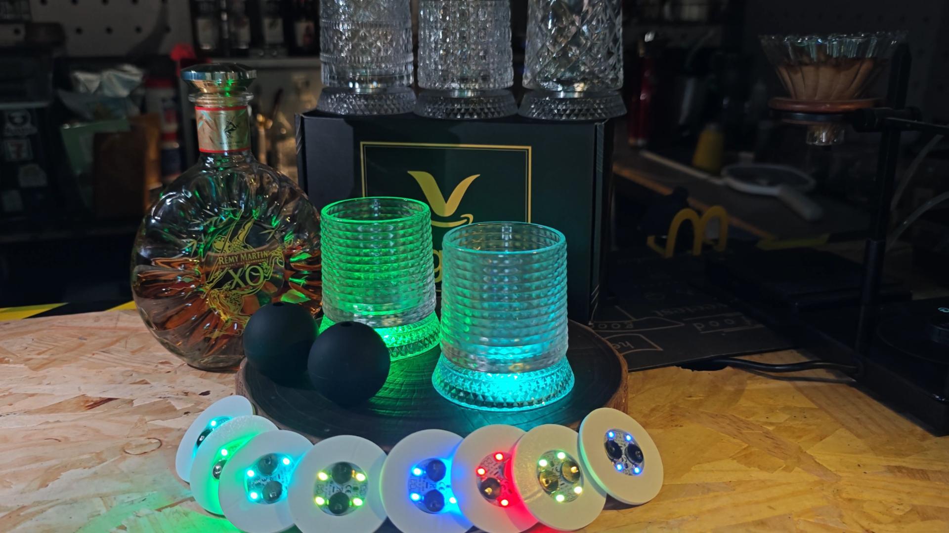 thumbnail video image 2 of ZHOYIMIMI 360° Spinning Whiskey Glasses Set of 2, Rotating Crystal Tumblers with 8-Color LED Light Iceball Molds, 2 of 9