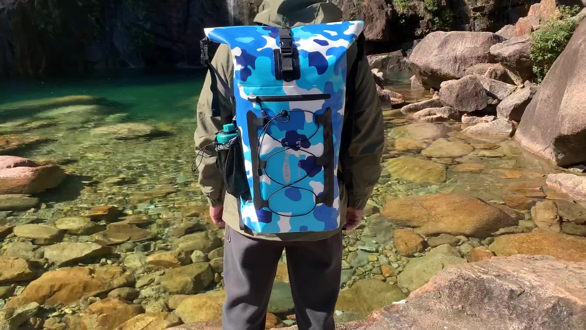thumbnail video image 2 of AFISHTOUR Waterproof Backpack, 35L Roll-Top Floating Dry Bag Backpack for Kayaking, Hiking (Blue), 2 of 9