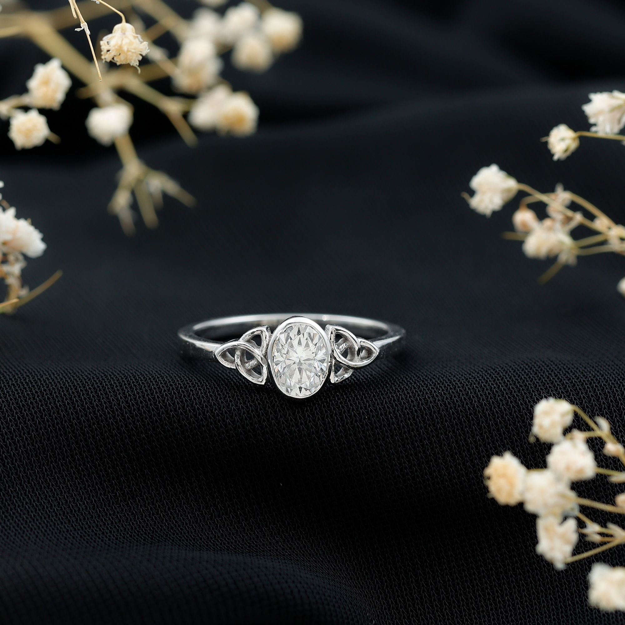 thumbnail video image 2 of Rosec Jewels Moissanite Oval Engagement Ring 1 Carat - Celtic Knot Ring - 5X7 mm Oblong Ring - D-VS1 Quality Certified, 14K White Gold, US 3.50, 2 of 8