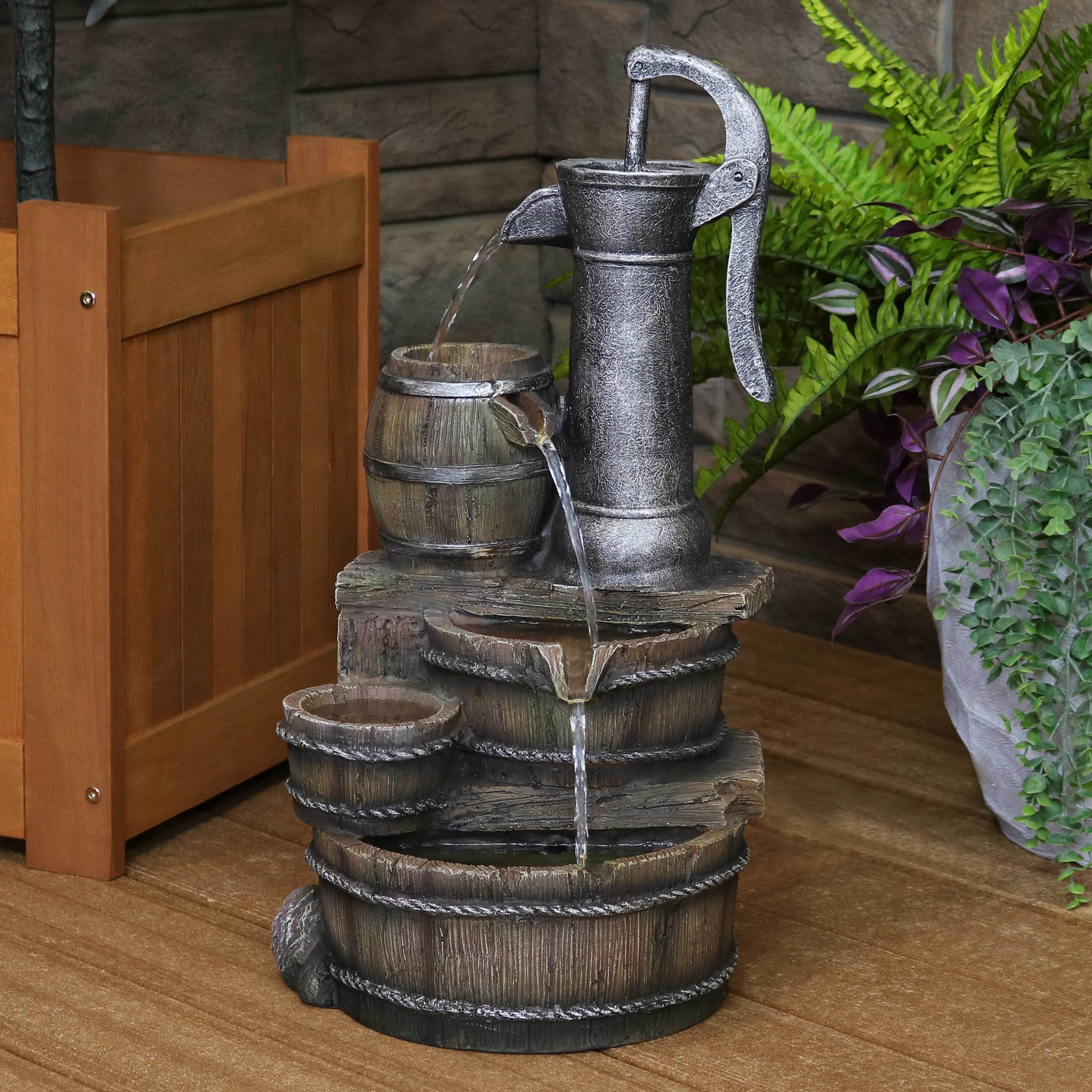thumbnail video image 2 of Sunnydaze Cozy Farmhouse Pump and Barrels Polyresin Outdoor Water Fountain, 2 of 12