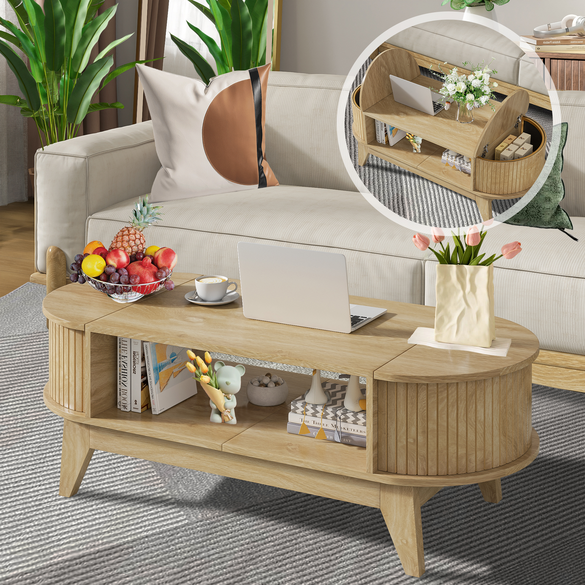 thumbnail video image 2 of Fluted Coffee Table with Storage, Mid-Century Modern Coffee Table for Living Room with 2 Flip-Top Hidden Space, Oak, 2 of 8