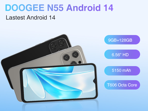 thumbnail video image 2 of DOOGEE N55 Android 14 Cell Phone(2025), 9GB RAM+128GB ROM/1TB Android Phone, 90Hz+6.56" HD Unlocked Cell Phone, 5150mAh, Octa Core, 13MP+8MP, 4G Dual SIM, Face Unlock, Widevine L1, OTG, T-Mobile, 2 of 9