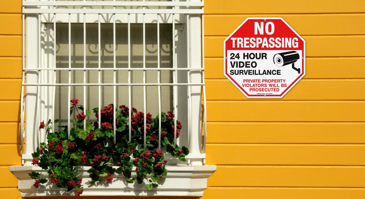thumbnail video image 2 of No Trespassing Sign 4-Pack 12 x 12 Inch Reflective Aluminum Private Property Protected By Video Surveillance Violators Will Be Prosecuted Sign, 2 of 7