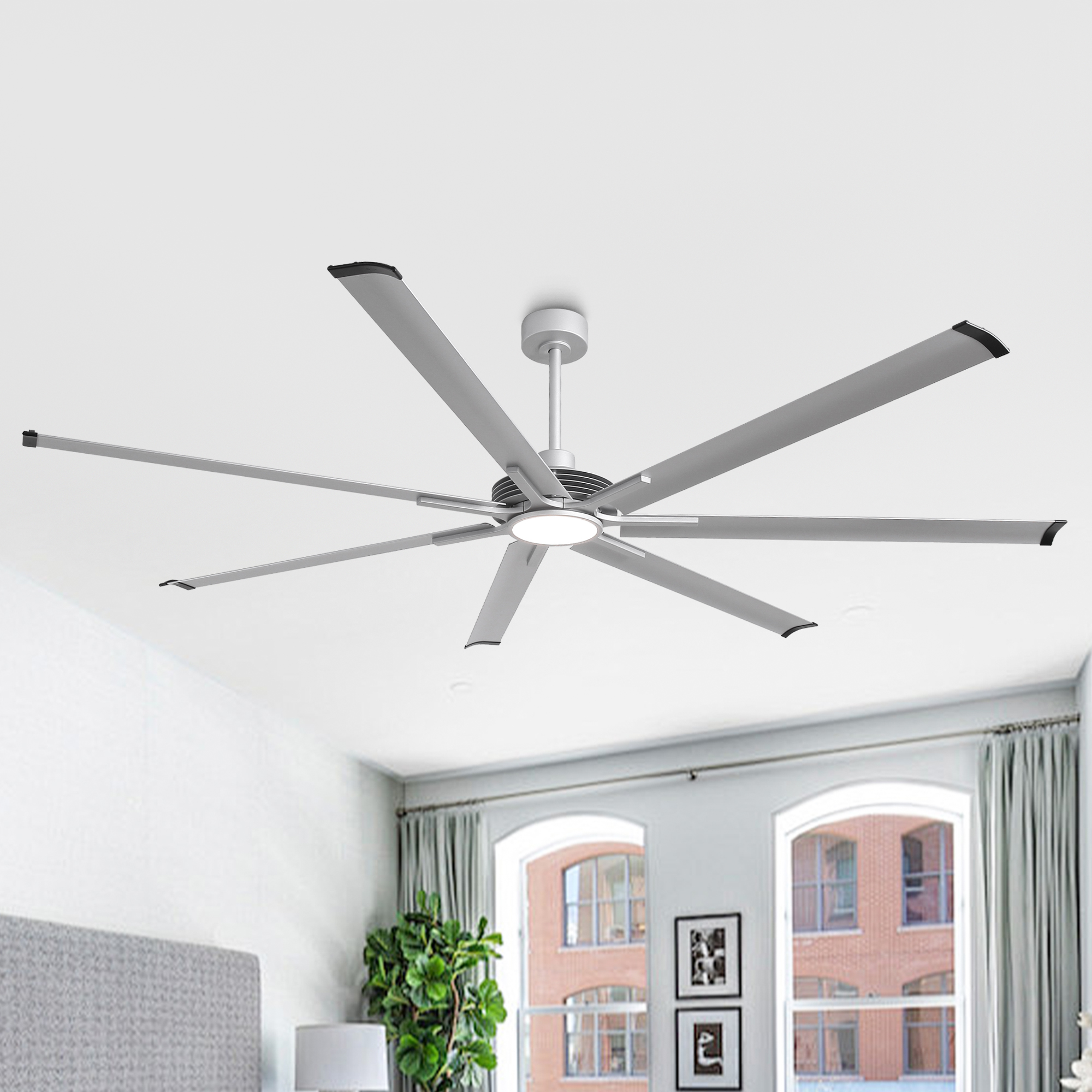 thumbnail video image 2 of Parrot Uncle Industrial 100" Silver HVLS Ceiling Fan with LED Lights and Remote Control, 2 of 15