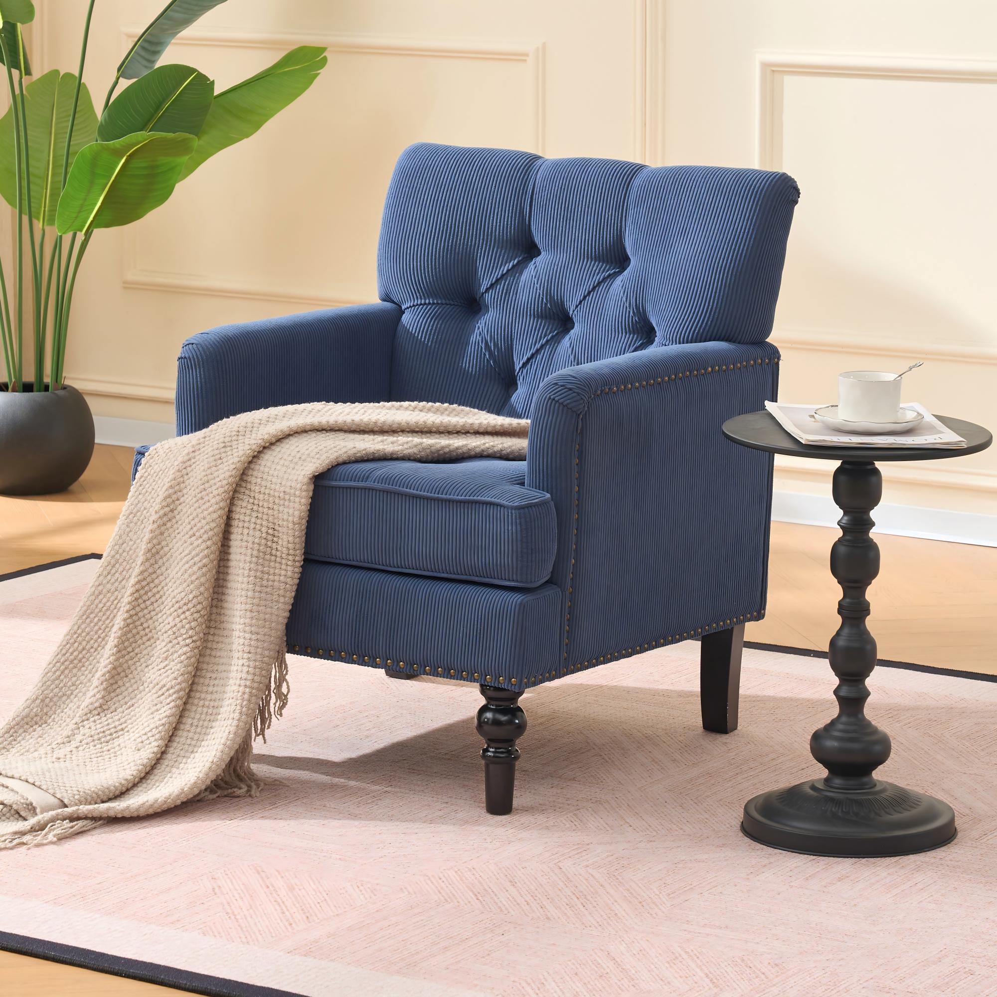 thumbnail video image 2 of QuzyAor 30" Tufted Club Chair, Mid-Century Modern Accent Armchair, Corduroy with Nailhead Trim & Solid Wood Legs for Living Room Bedroom, Blue, 2 of 10