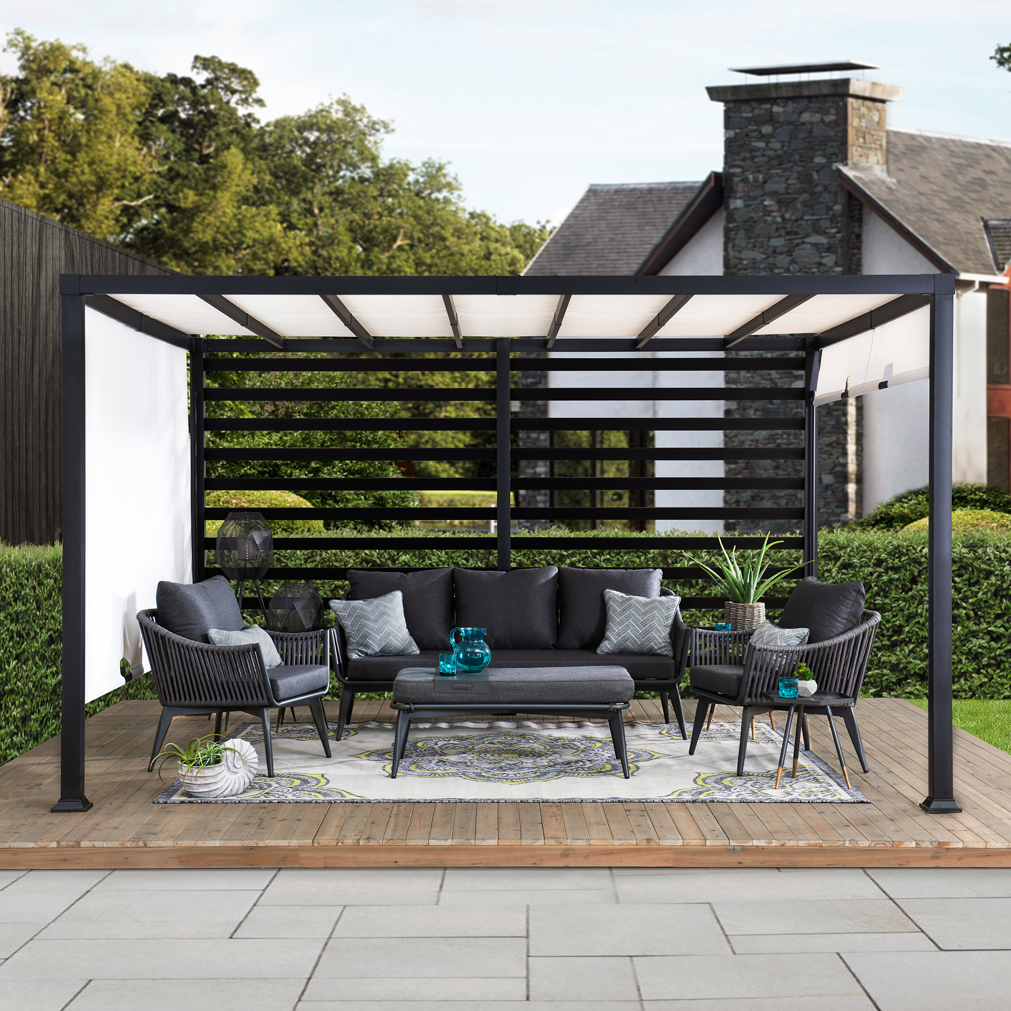 thumbnail video image 2 of Sunjoy 10 ft. x 12 ft. Modern Metal Pergola with White Adjustable Garden Shade, 2 of 12