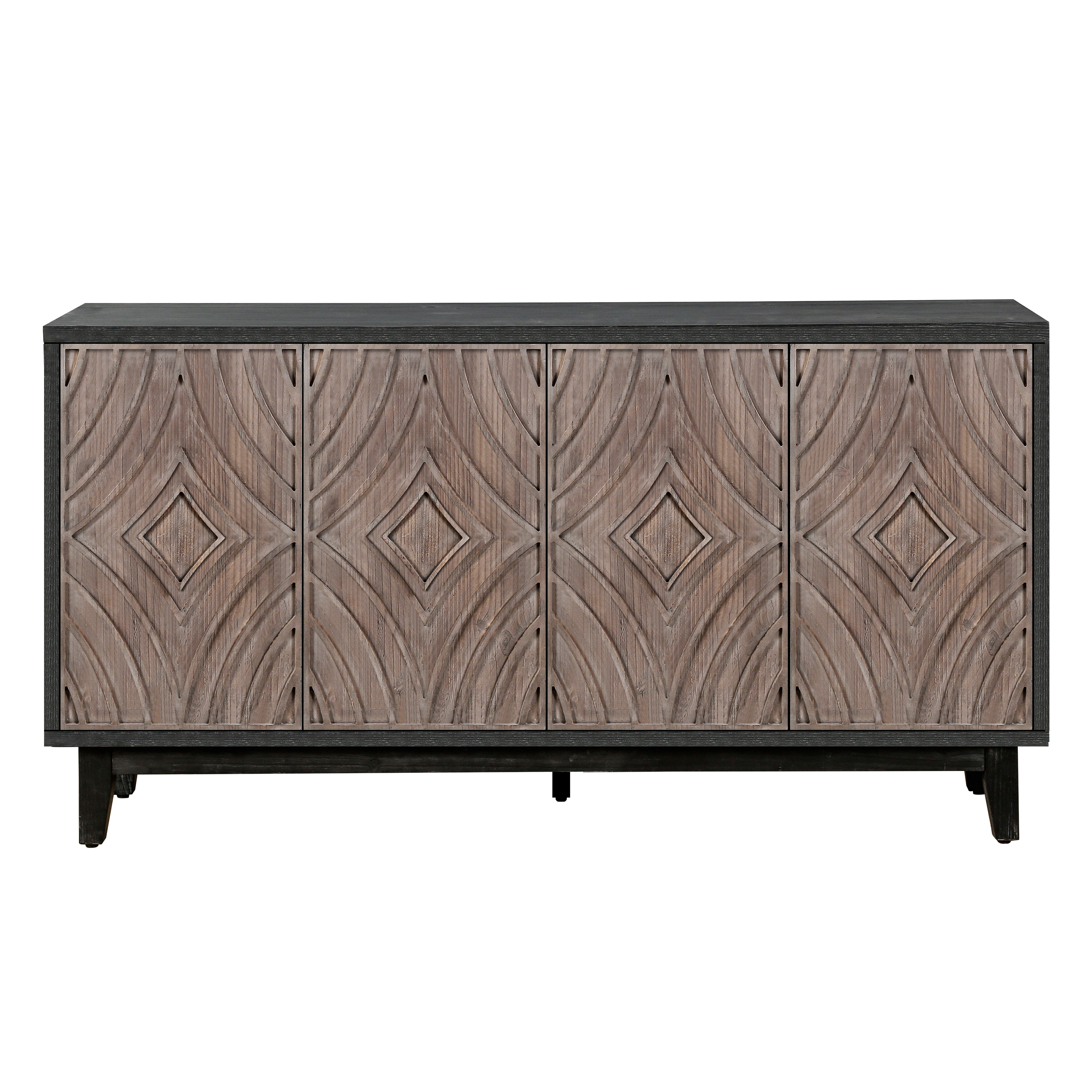 thumbnail video image 2 of Atumcto 60" Mid Century Sideboard Buffet Cabinet with 4 Convex Diamond Pattern Doors, 2 Shelves & Solid Wood Legs for Living Room, Antique Brown, 2 of 10